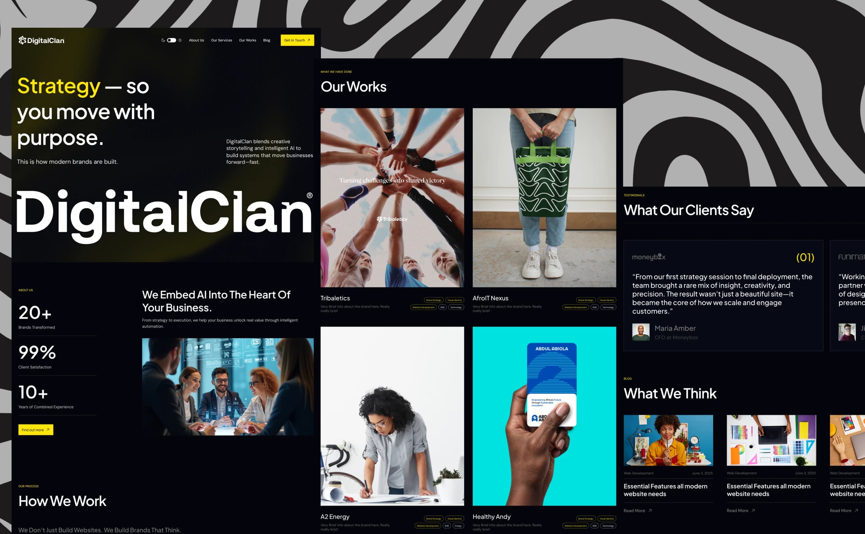 DigitalClan website: home page hero, works, testimonials and the giant wordmark