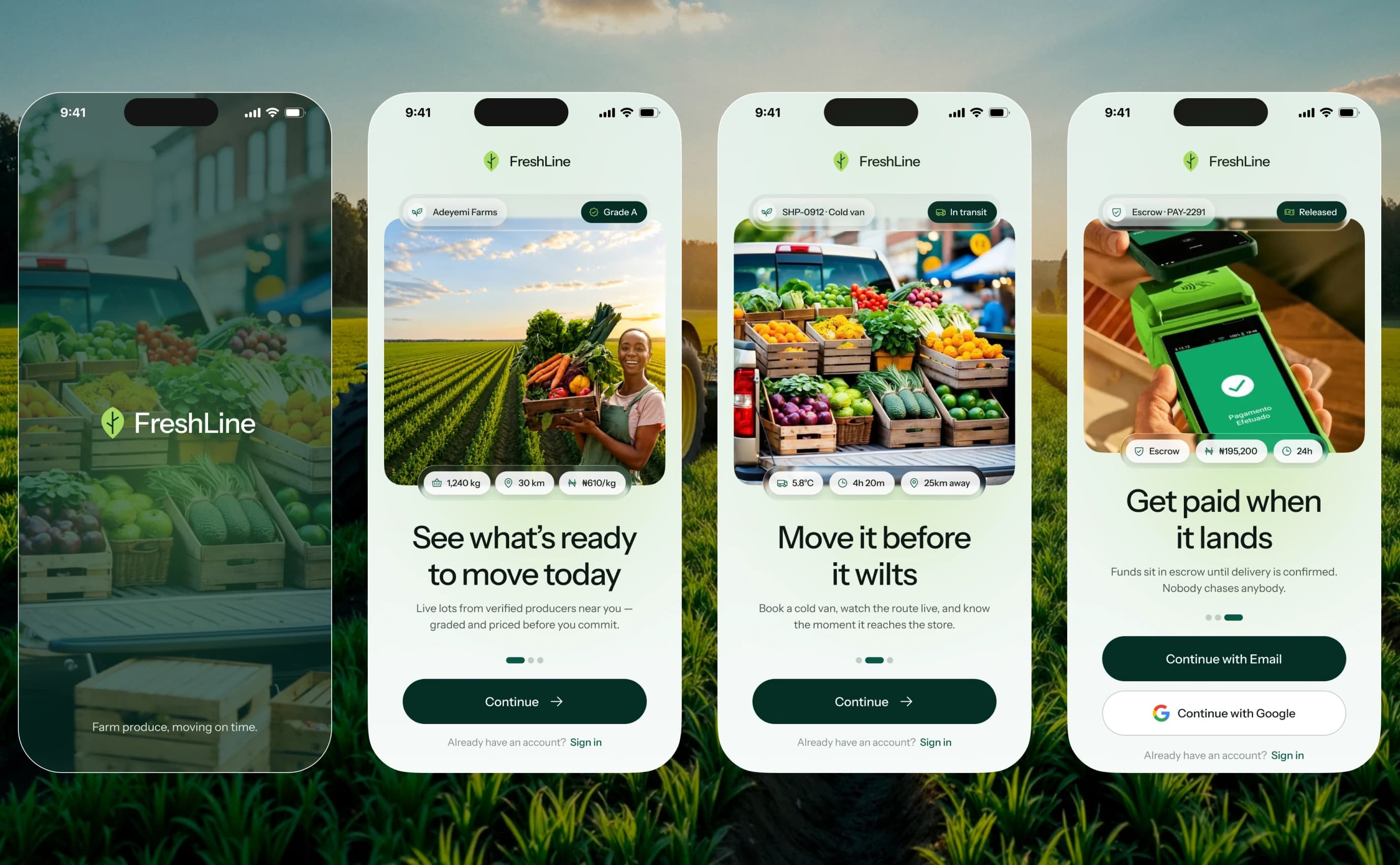 FreshLine app screens over farmland