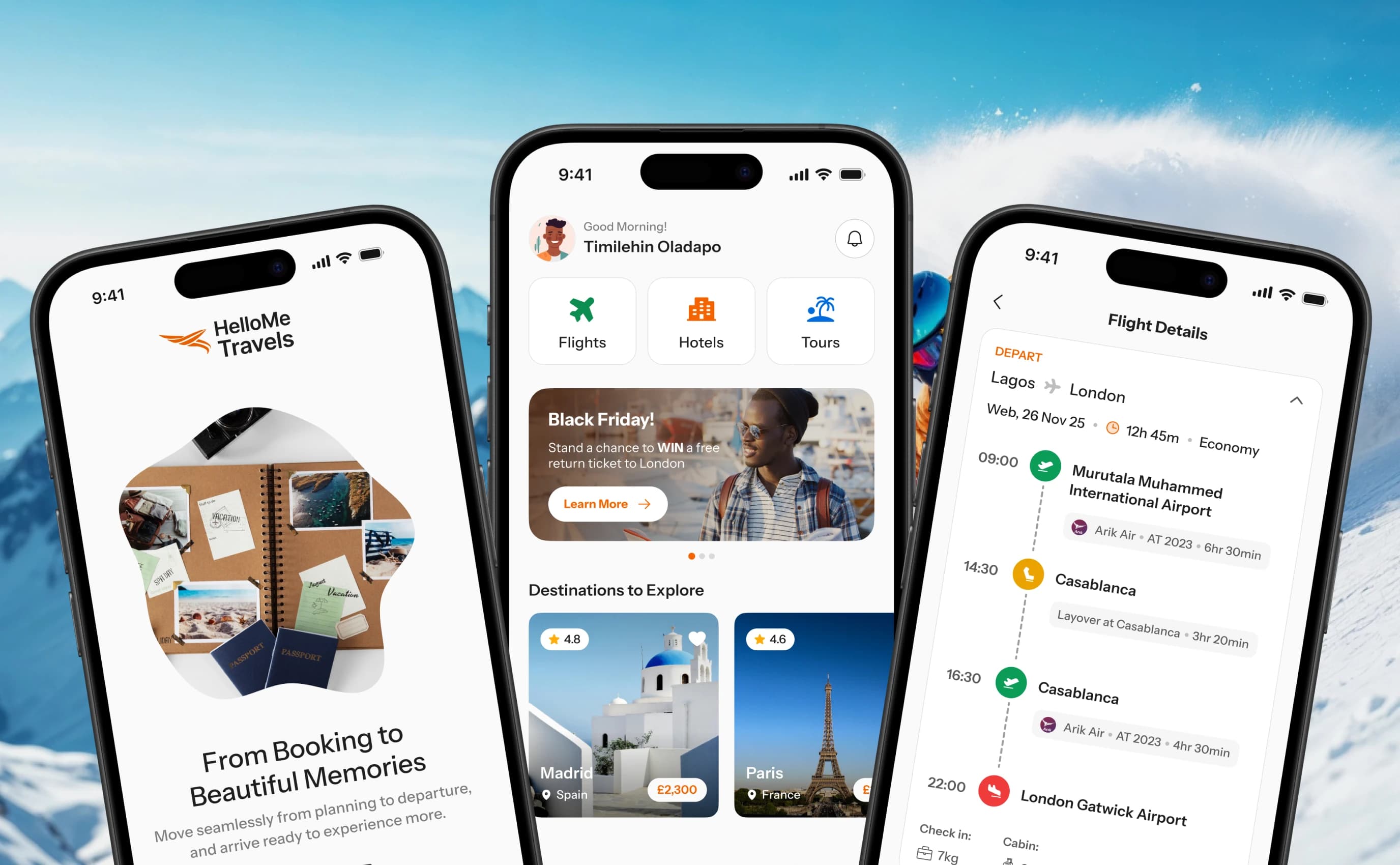 HelloMe Travels app screens over snowy mountains