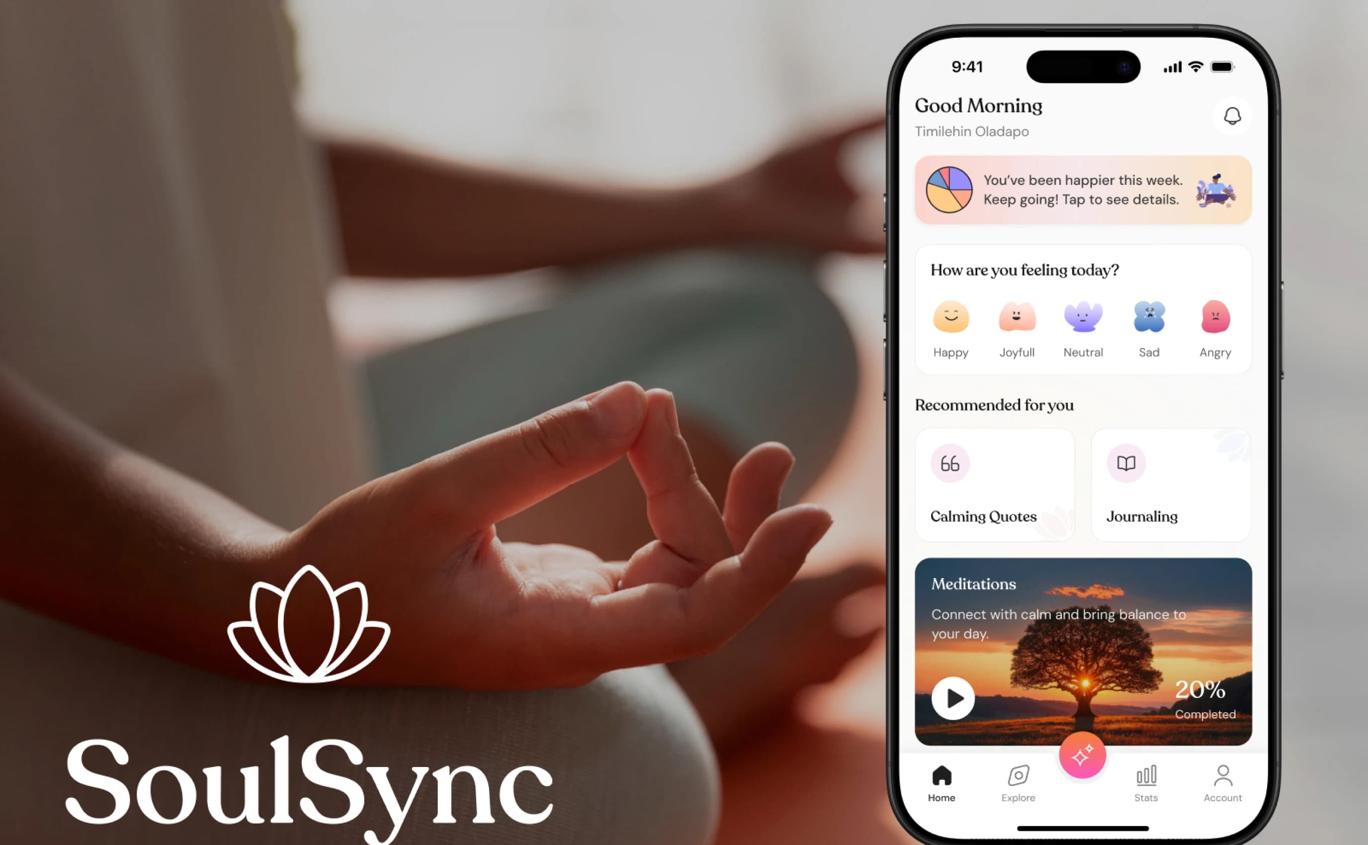 SoulSync home screen beside a meditation photo