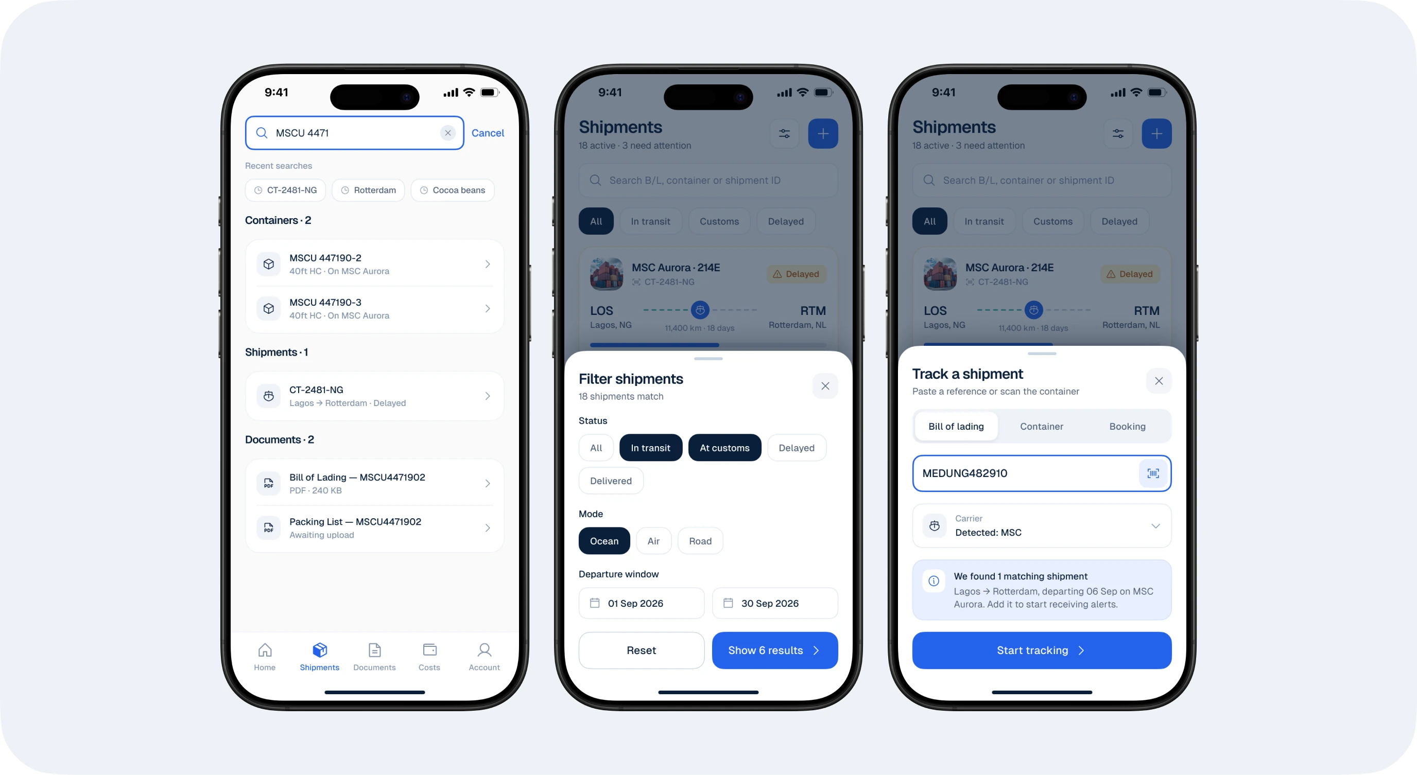 Search, filters and track a shipment