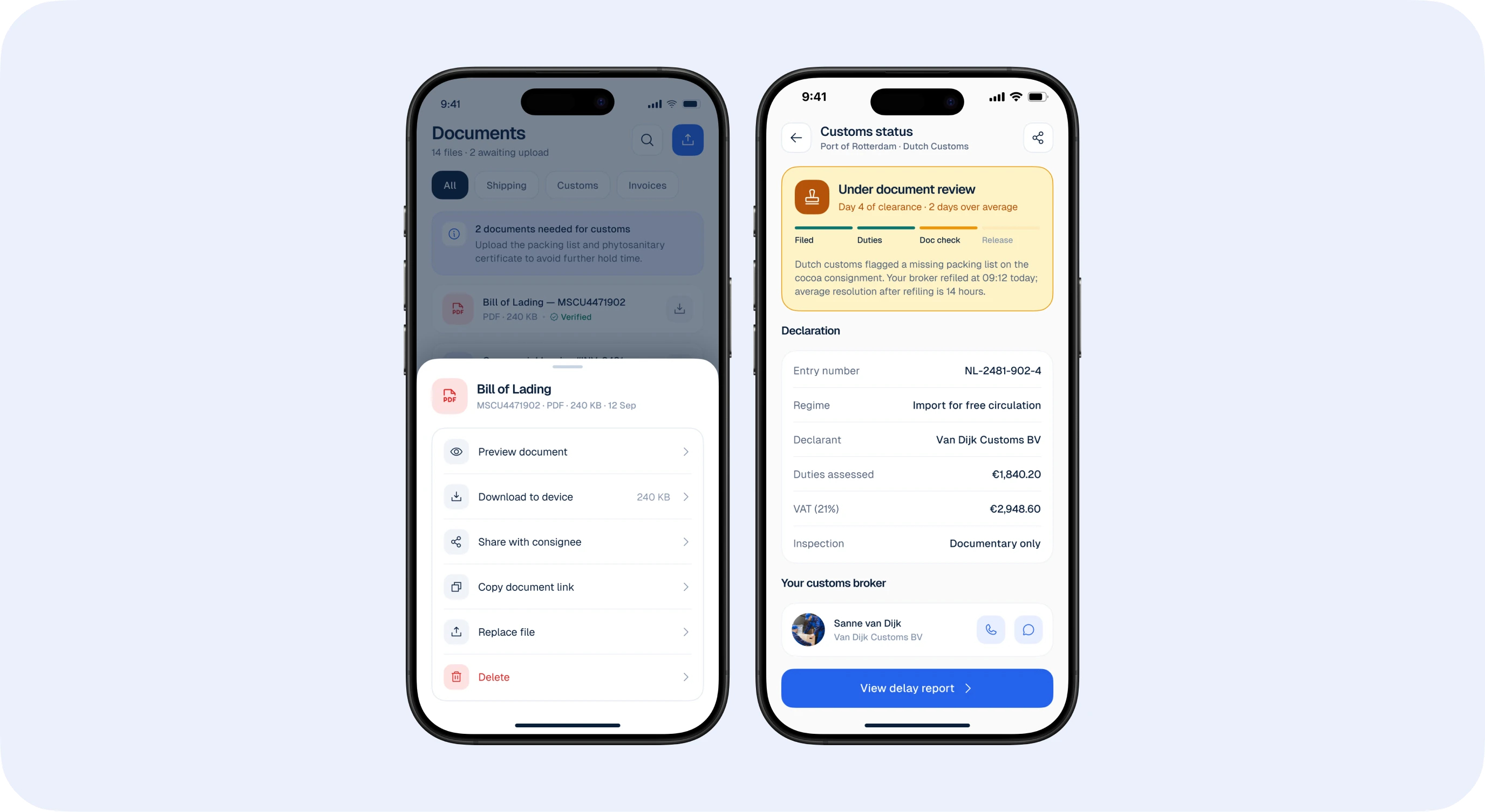 Document actions and customs status