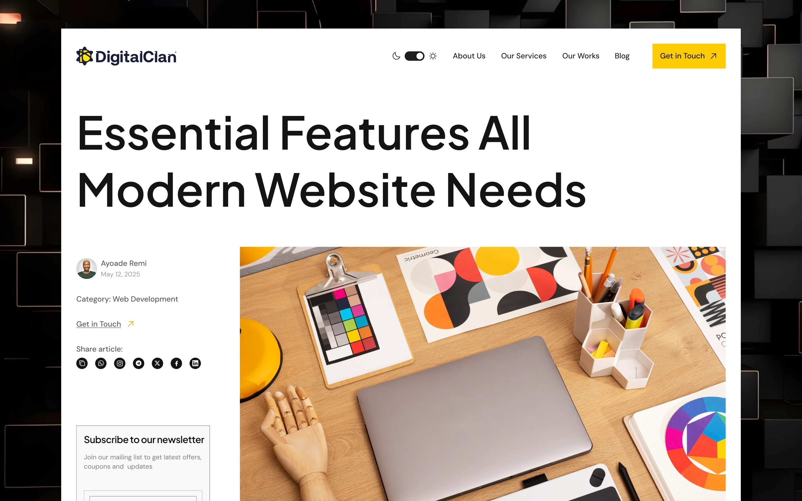 A blog article page in light mode