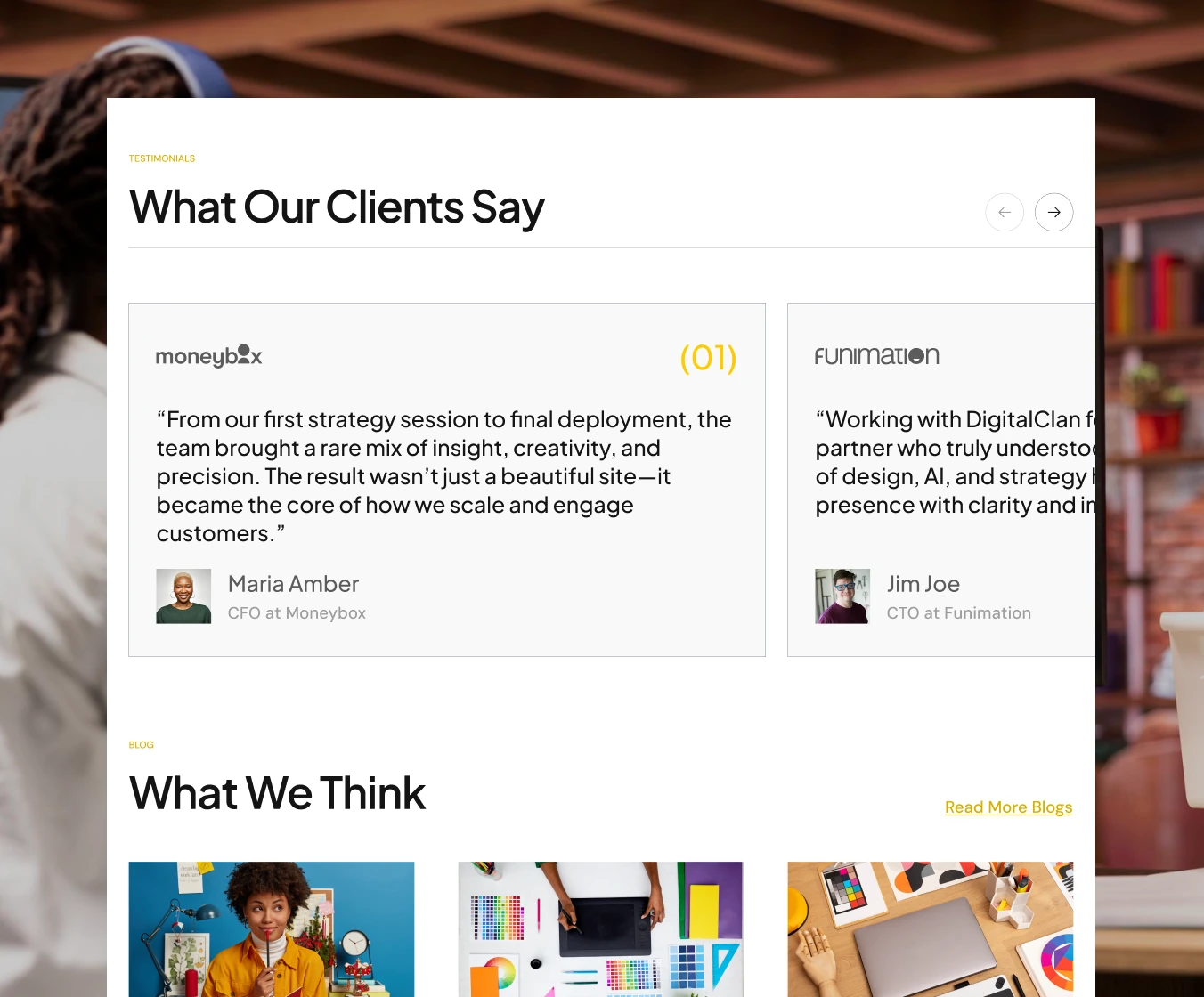 Client voices, latest thinking and how they work, in light mode (1 of 2)