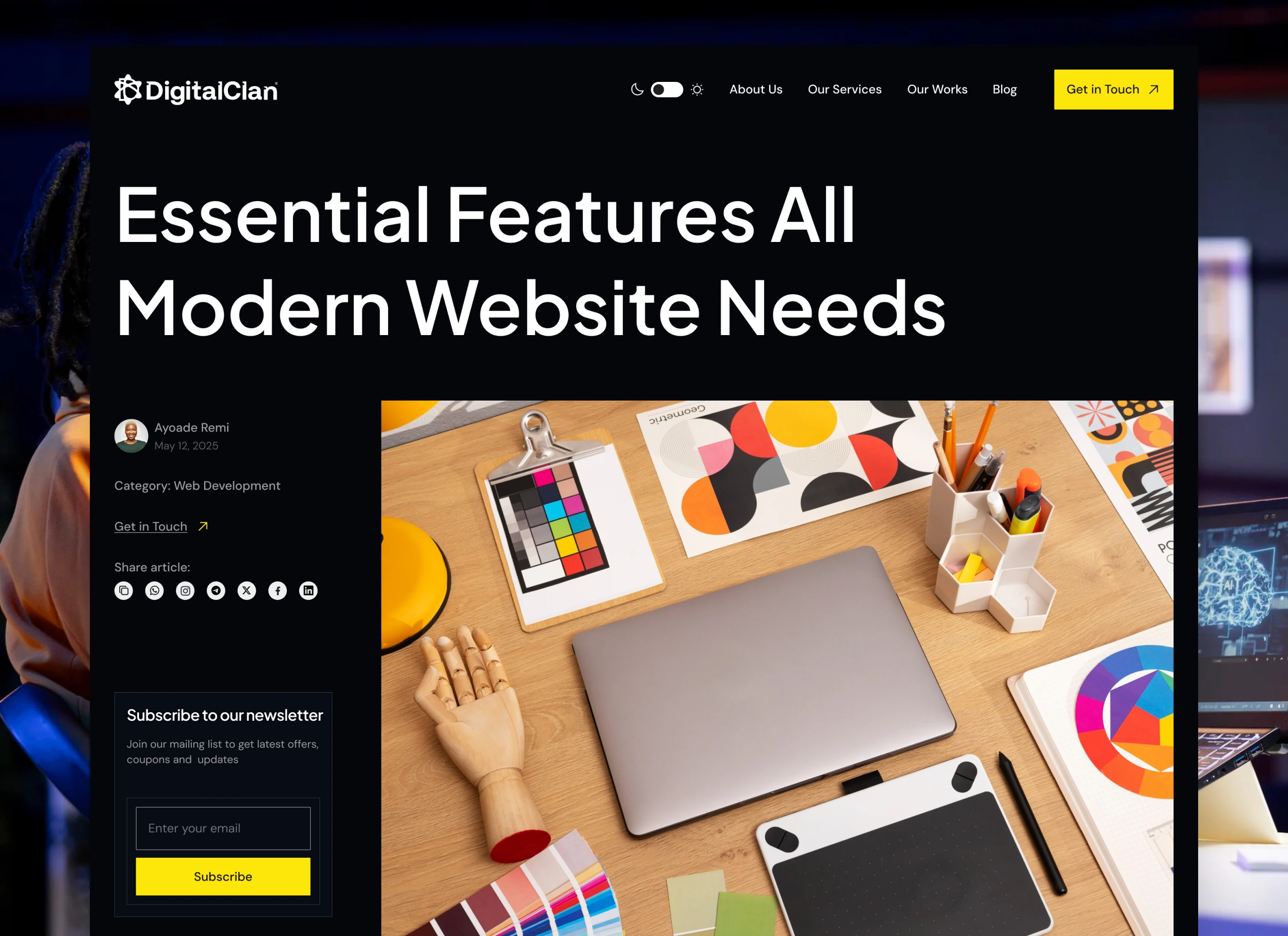 A blog article page in dark mode