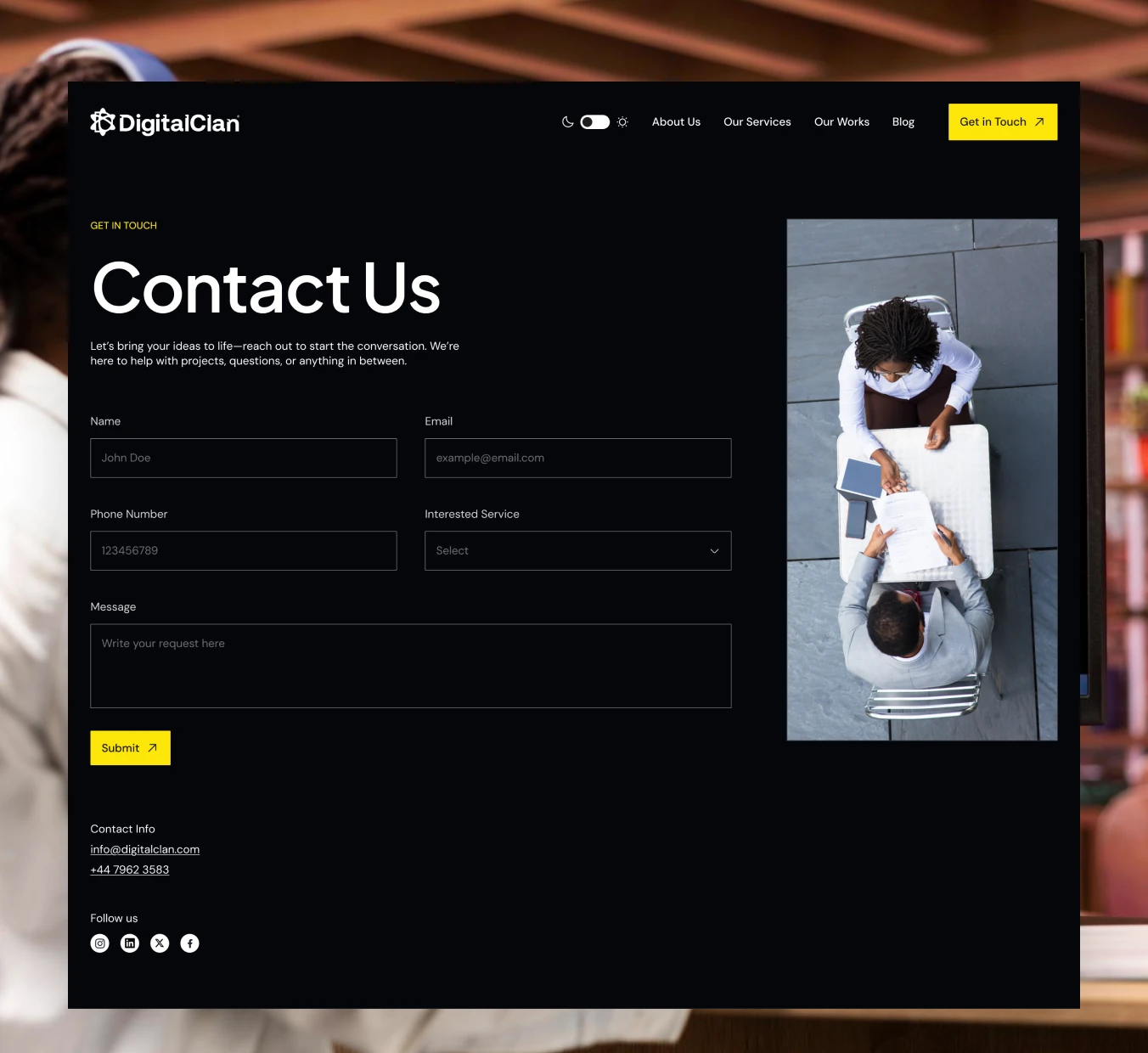 Contact page in dark and light mode (1 of 2)