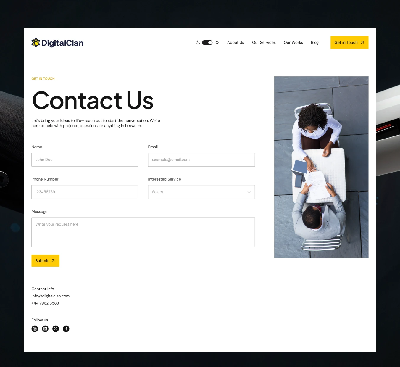 Contact page in dark and light mode (2 of 2)