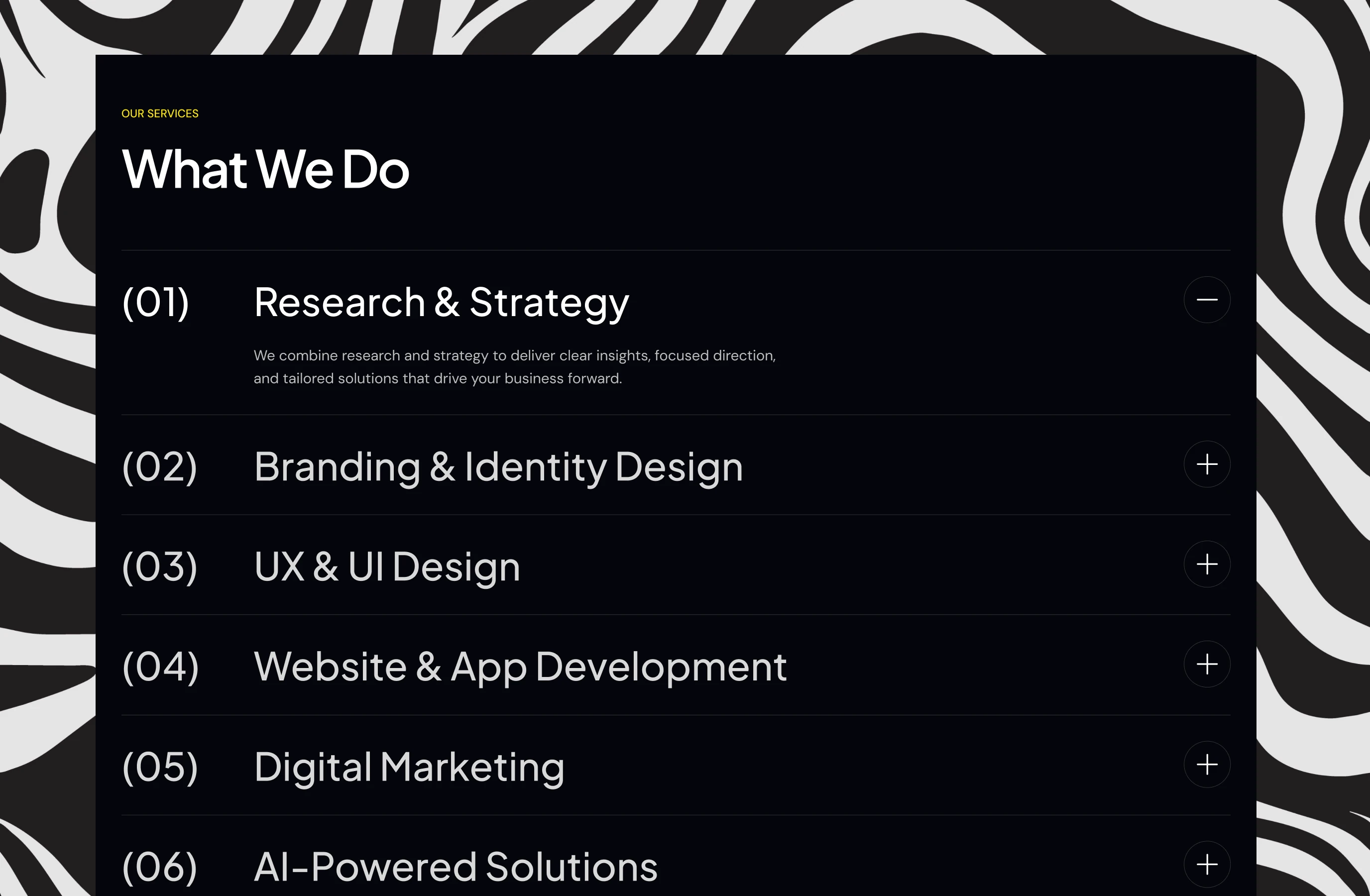 What We Do: six numbered services from research and strategy to AI-powered solutions