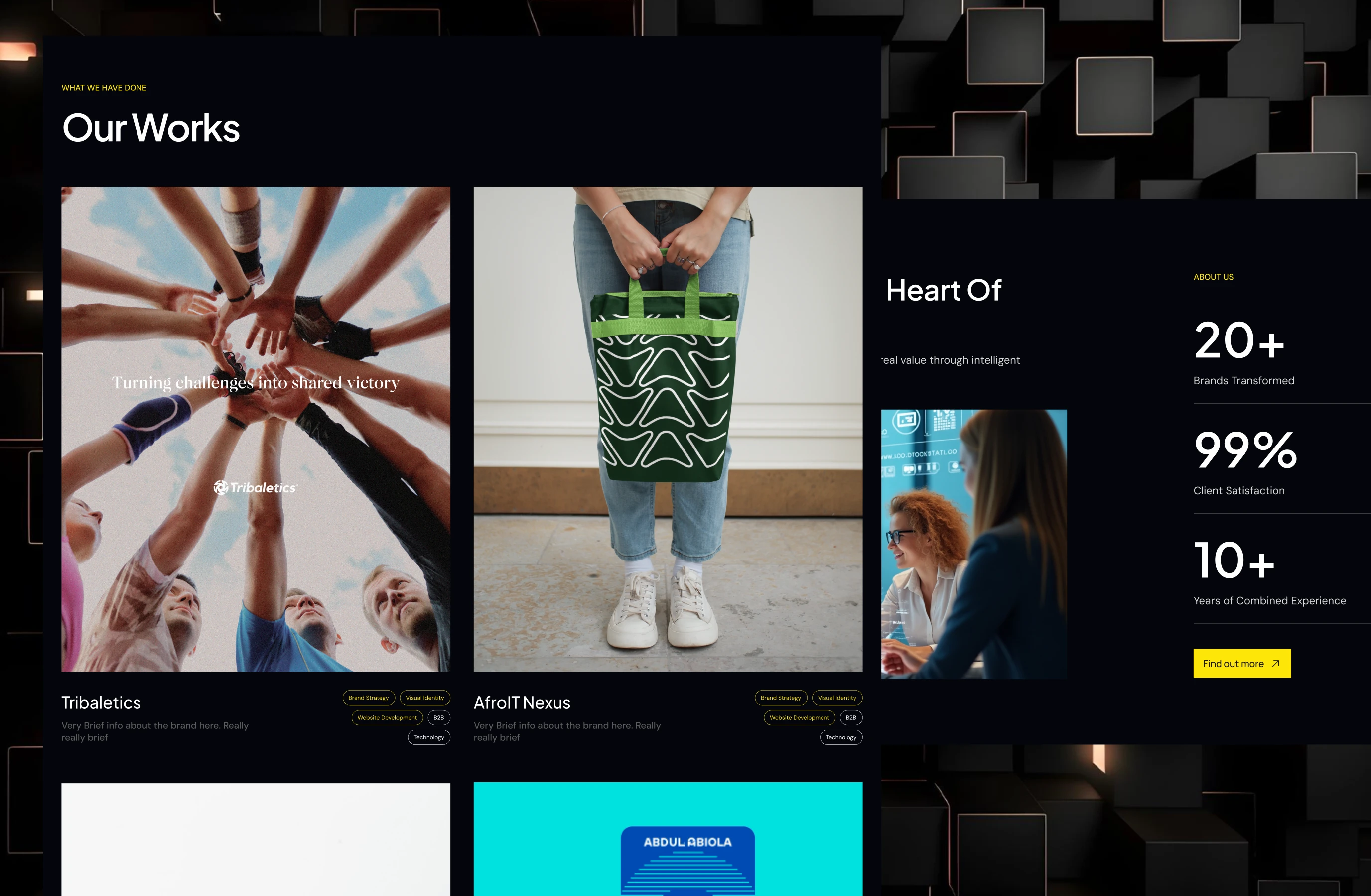 Home page sections: who we are and our works