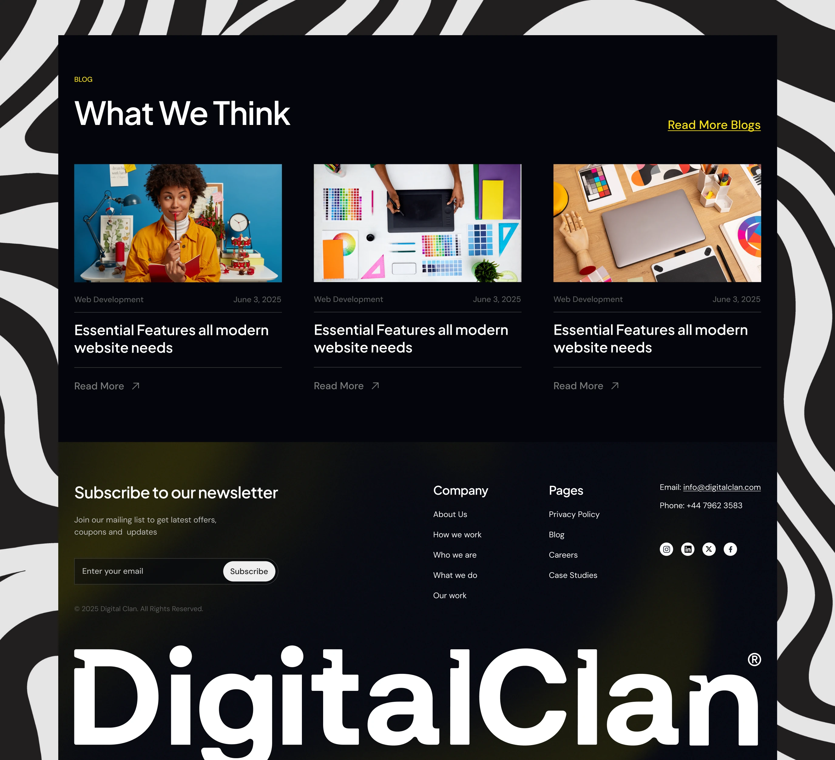 The latest thinking and the giant wordmark footer