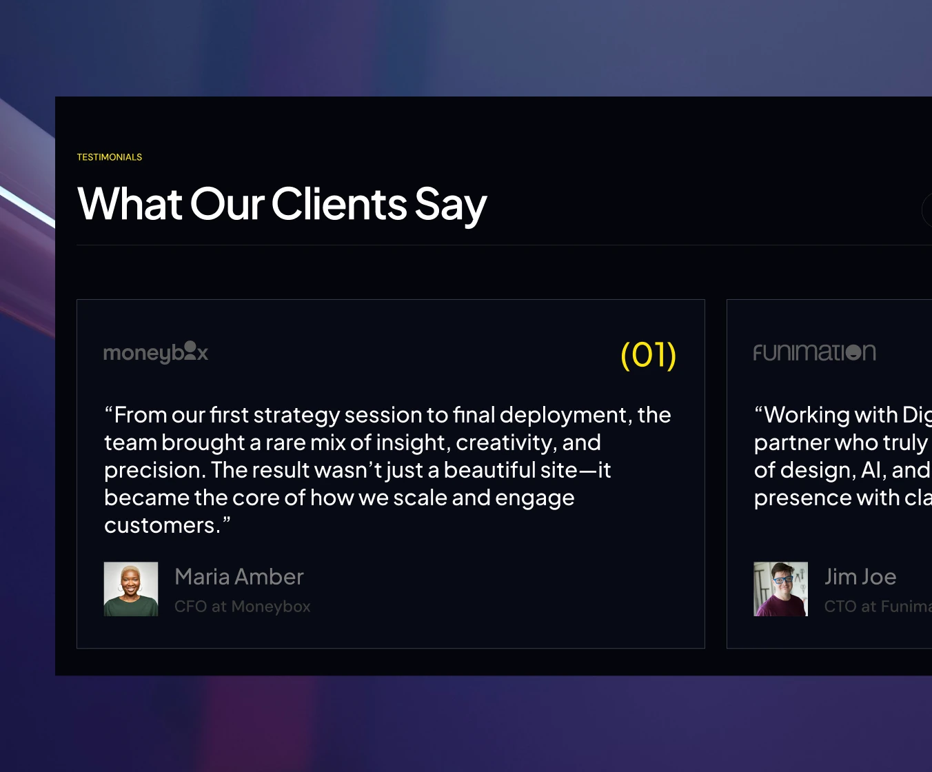 Client testimonials and the dark home page hero (1 of 2)