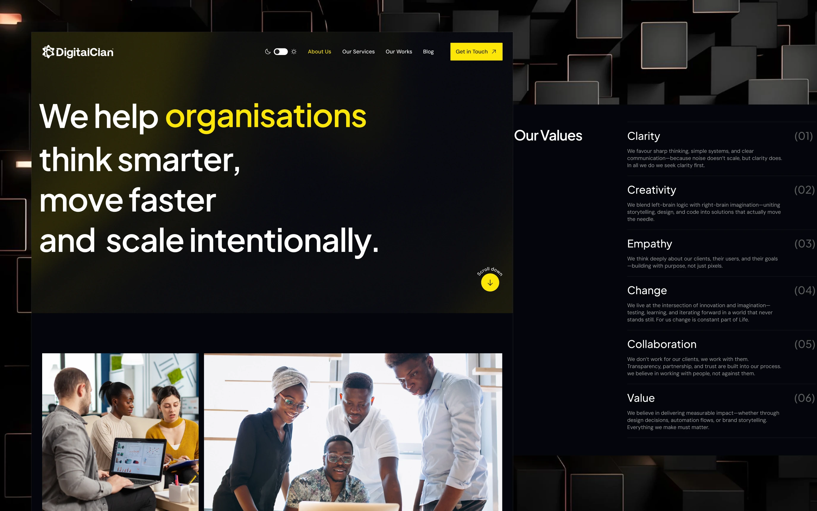 About page hero: “We help organisations think smarter”