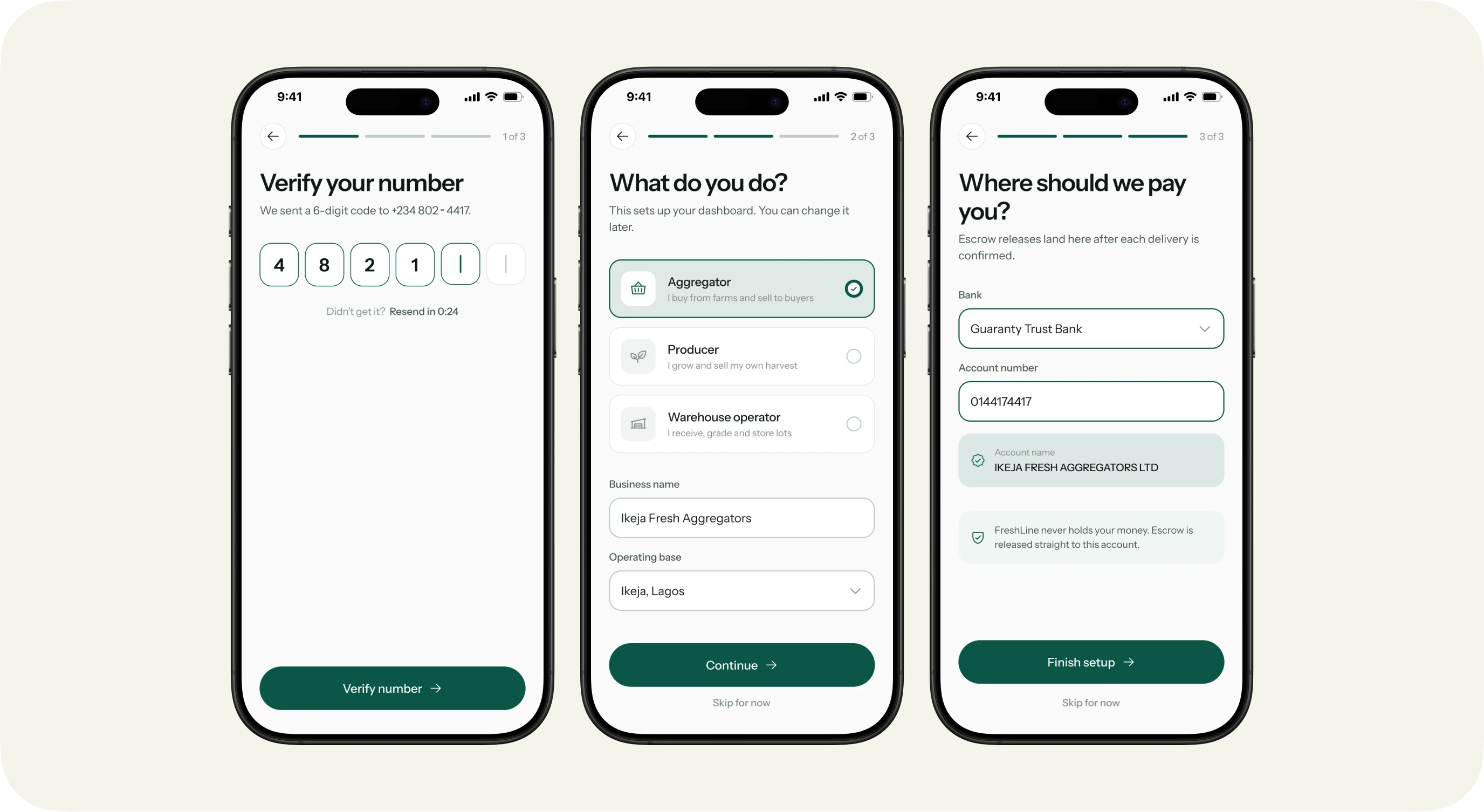 Phone verification, business setup and payout account