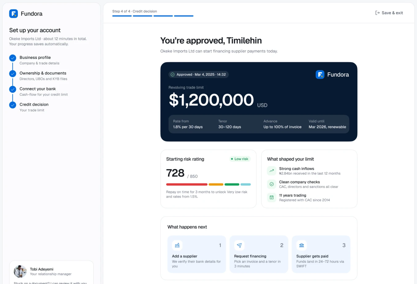 Limit approved and welcome dashboard (1 of 2)