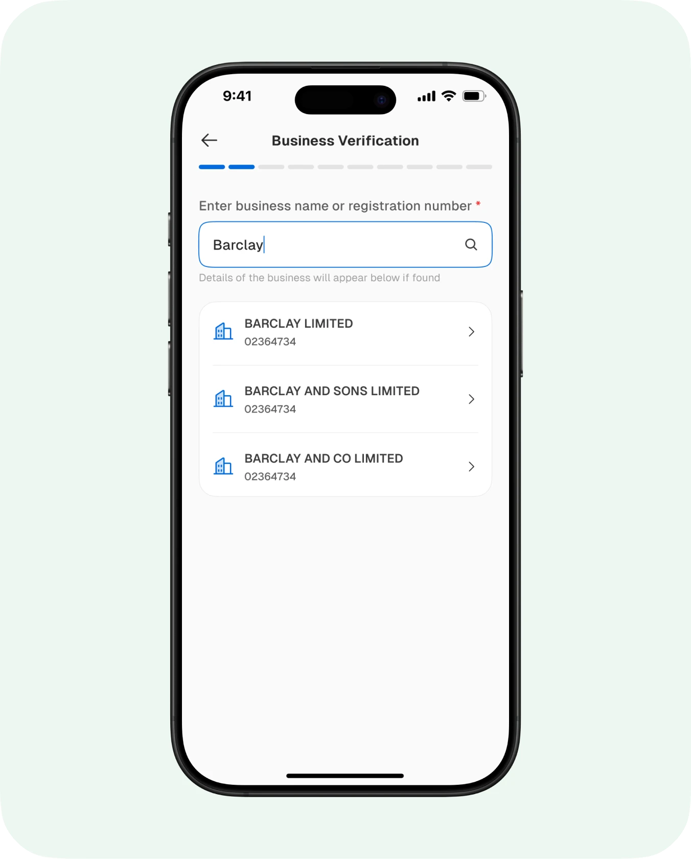 Business verification search and confirming company details (1 of 2)