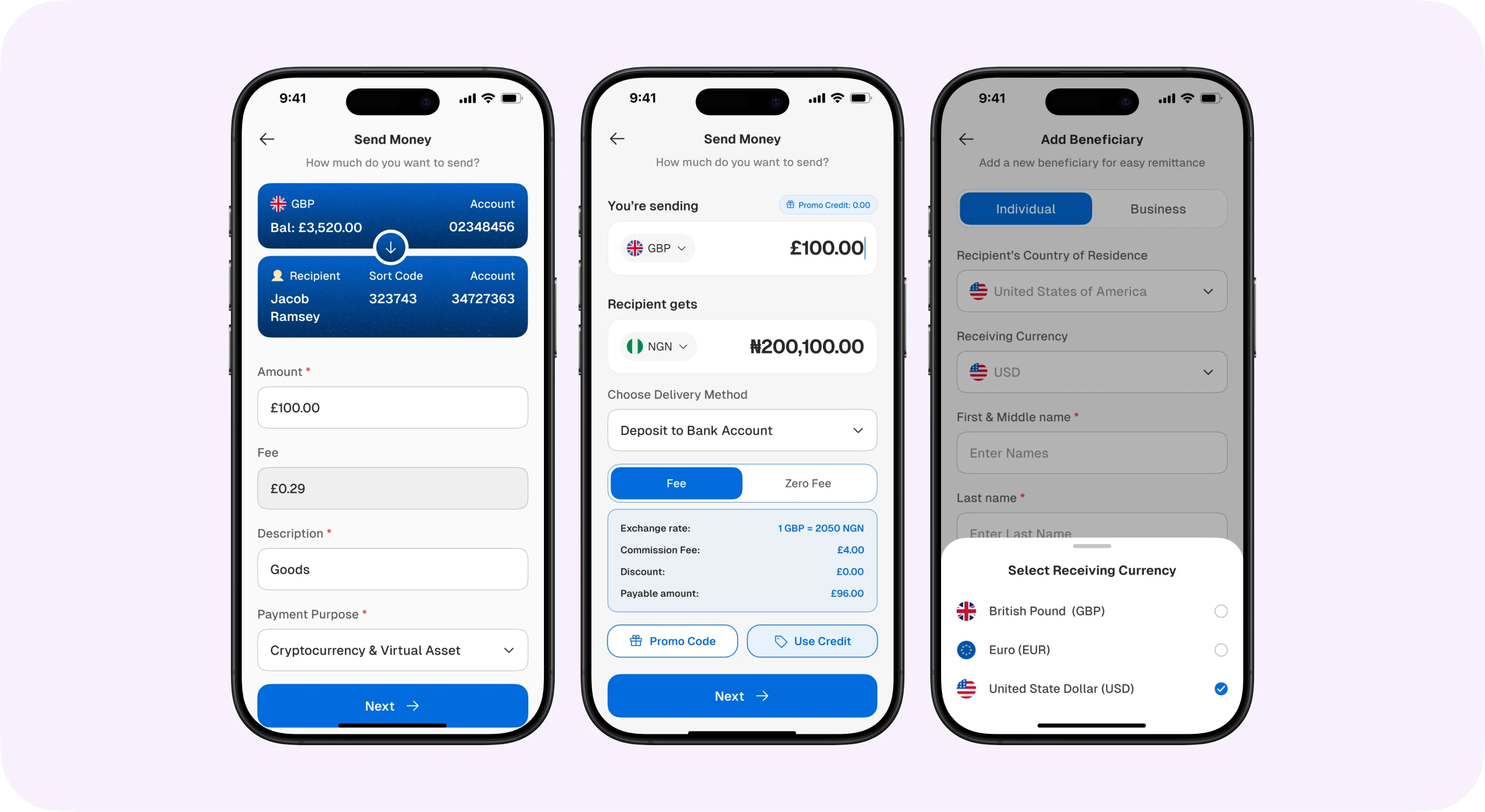 Send amount, fees and receiving currency