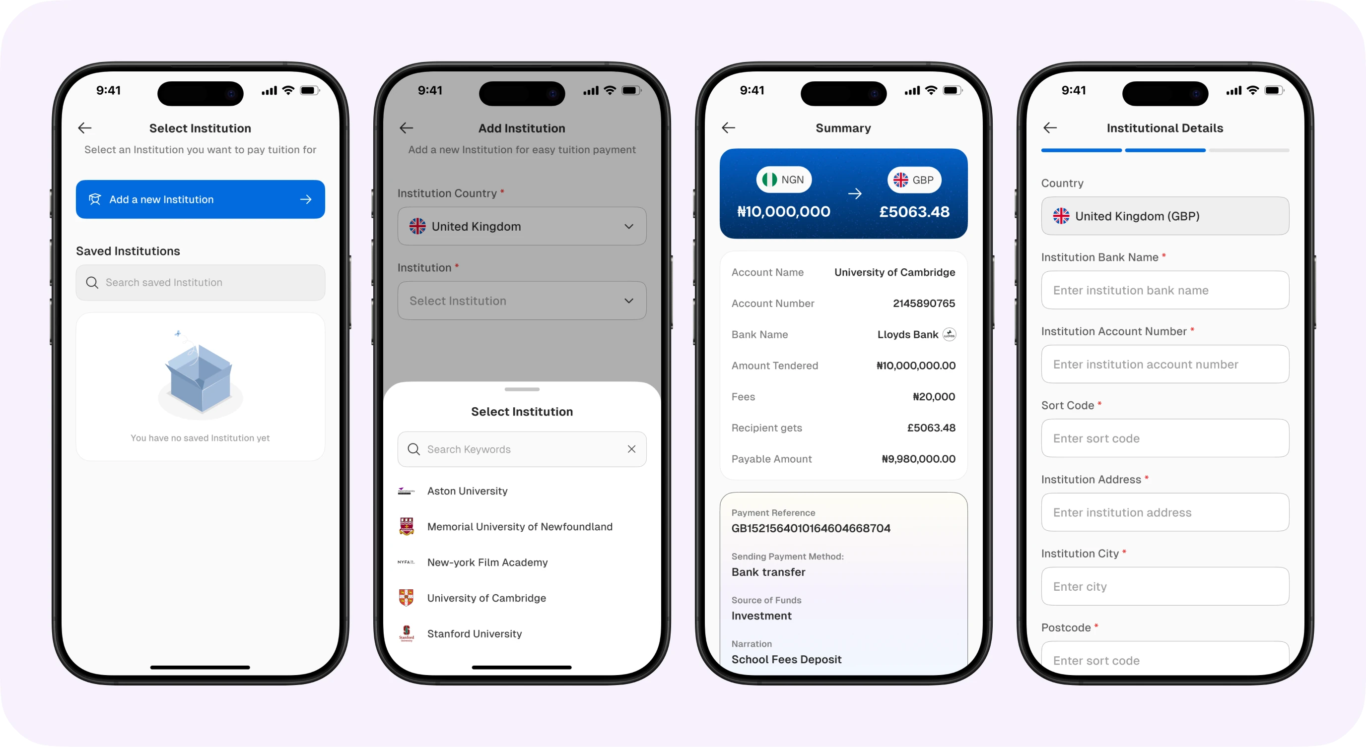 Adding an institution, summary and institutional details