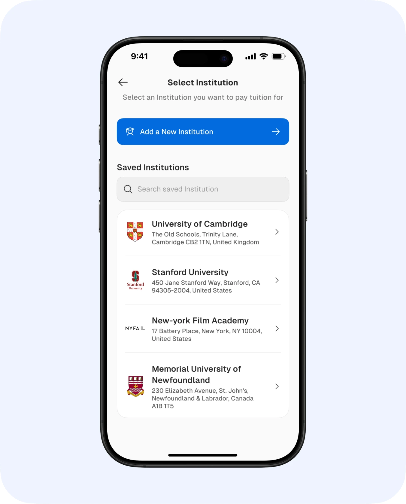 Saved institutions and payment information (1 of 2)