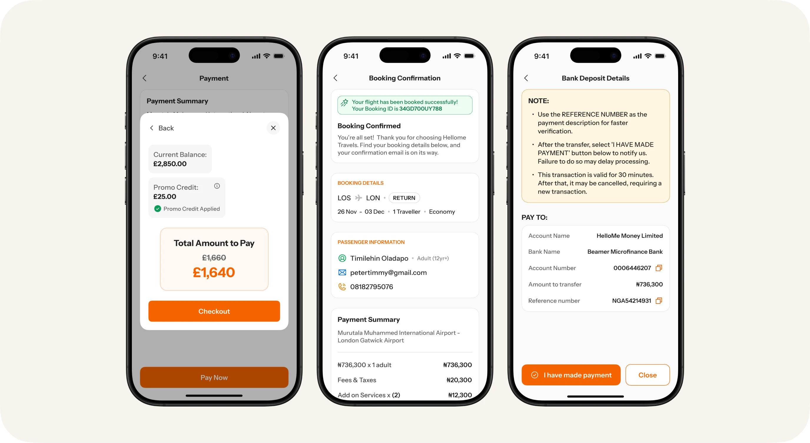 Checkout, booking confirmation and bank deposit details