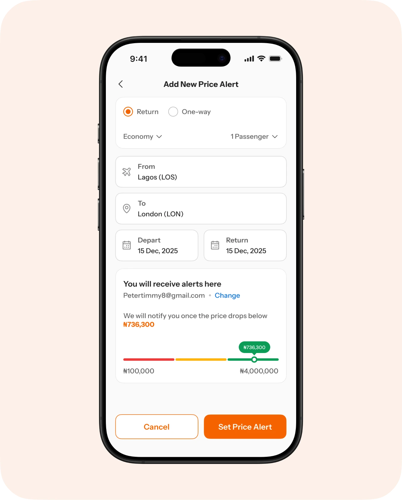 Flight price alerts and adding a new alert (2 of 2)
