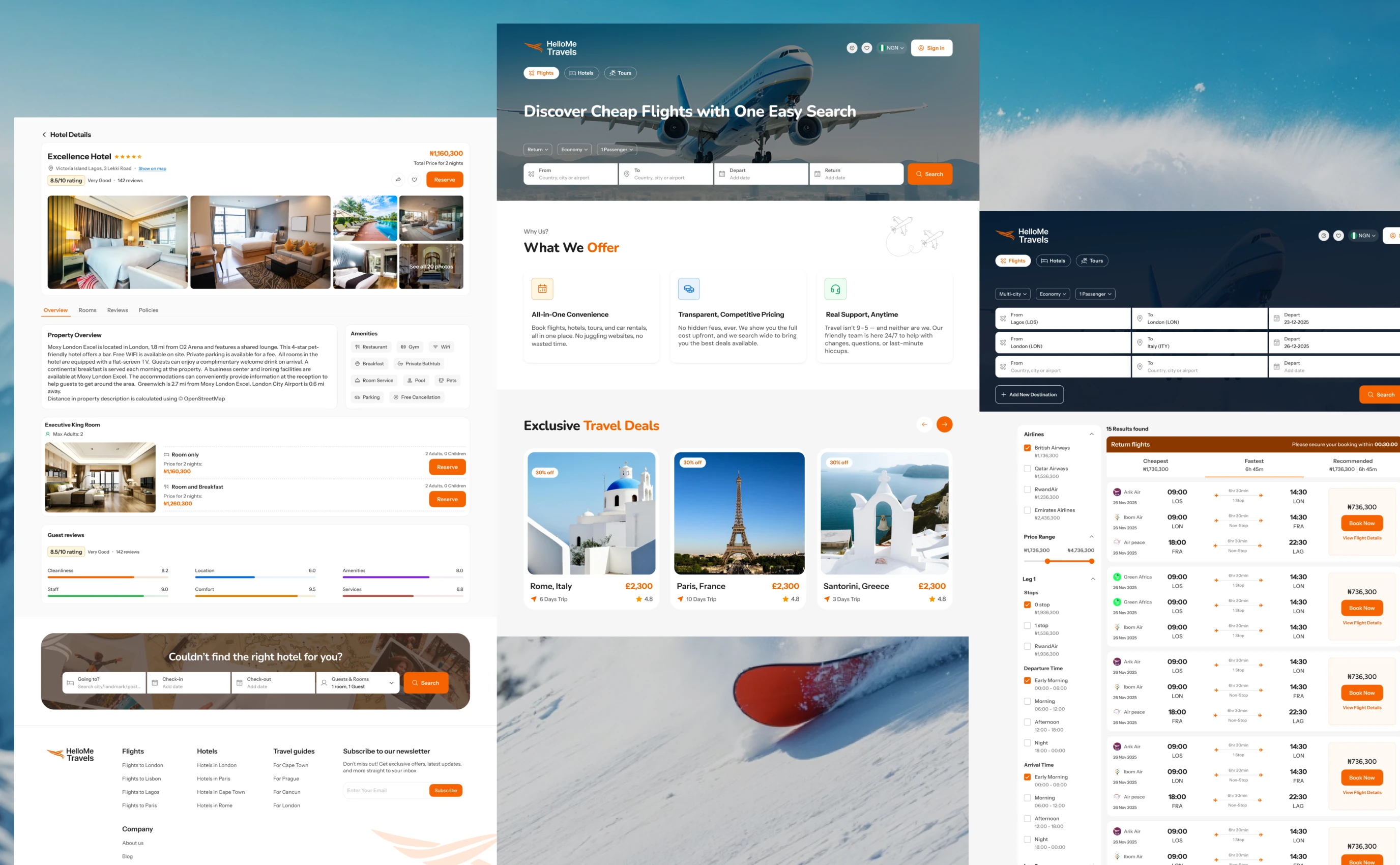 HelloMe Travels website: hotel details, flights homepage with travel deals, and multi-city flight results