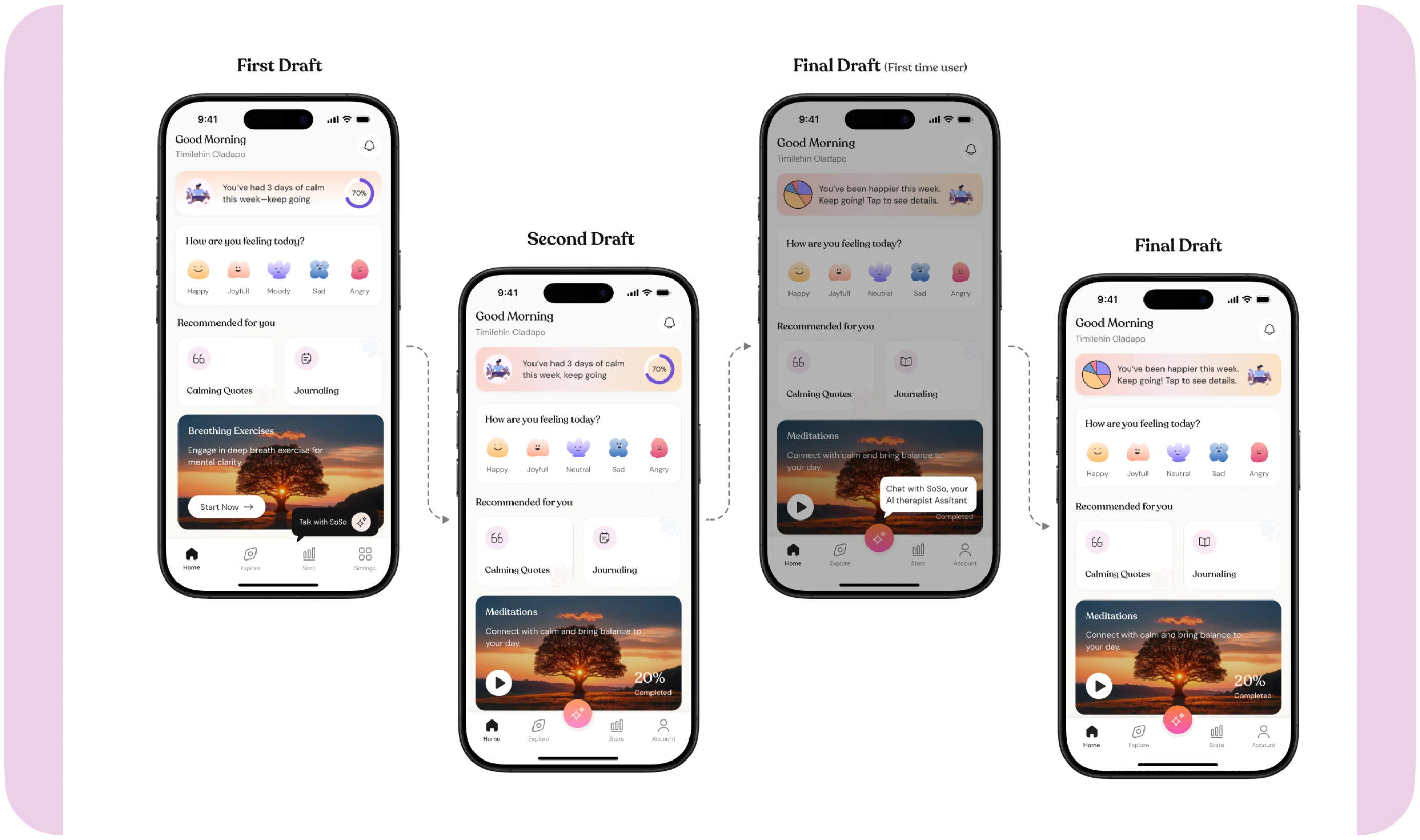 Four drafts of the home screen