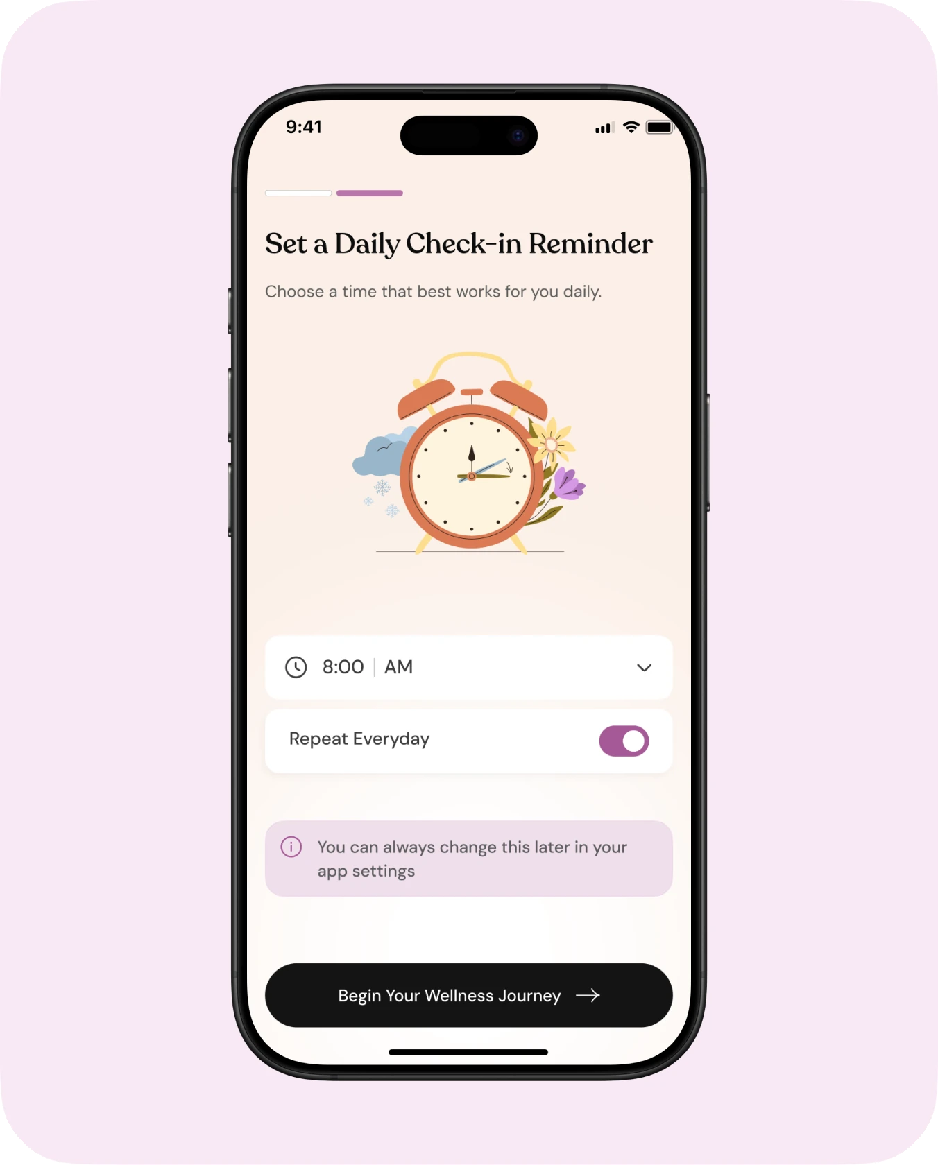 Questionnaire and daily reminder setup screens (2 of 2)