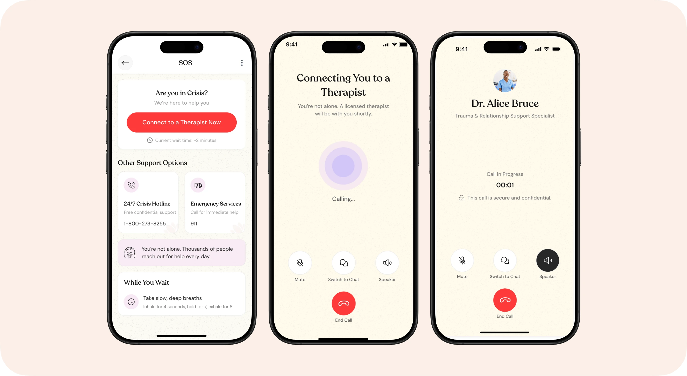 SOS screen, connecting call and in-call screens