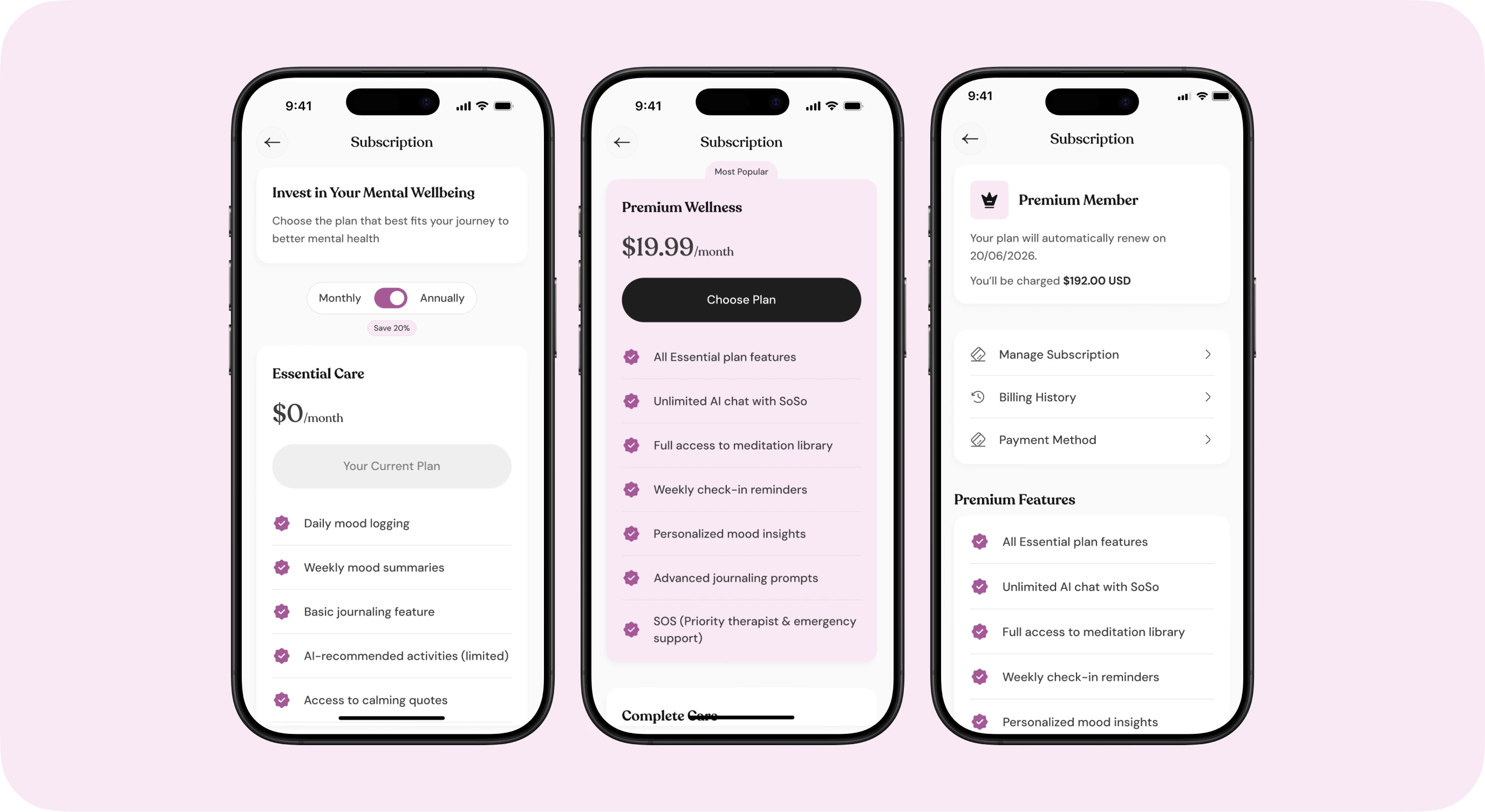 Subscription plans and active plan screens