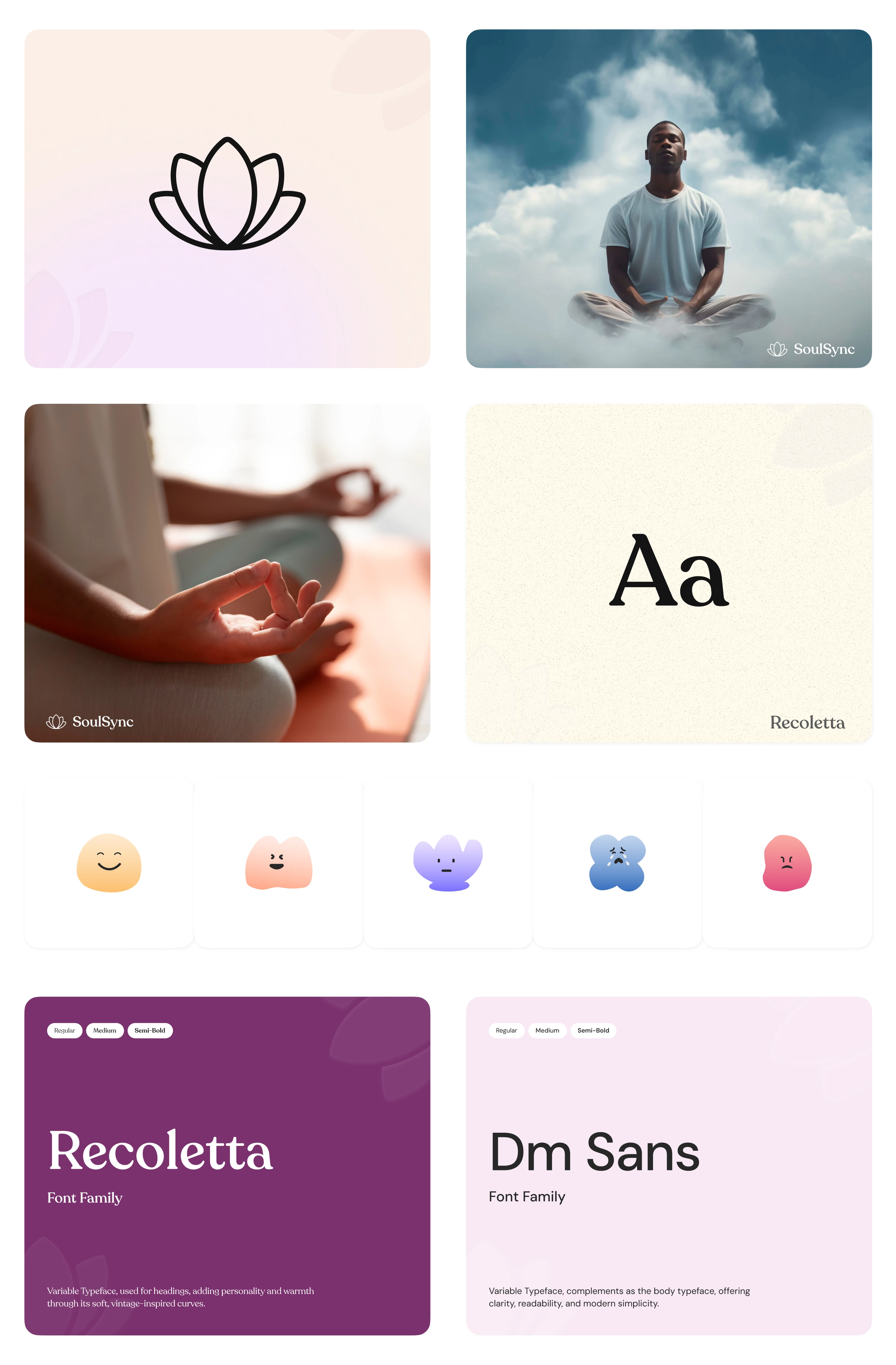 SoulSync brand moodboard: lotus mark, photography, mood characters and the Recoleta and DM Sans type pairing