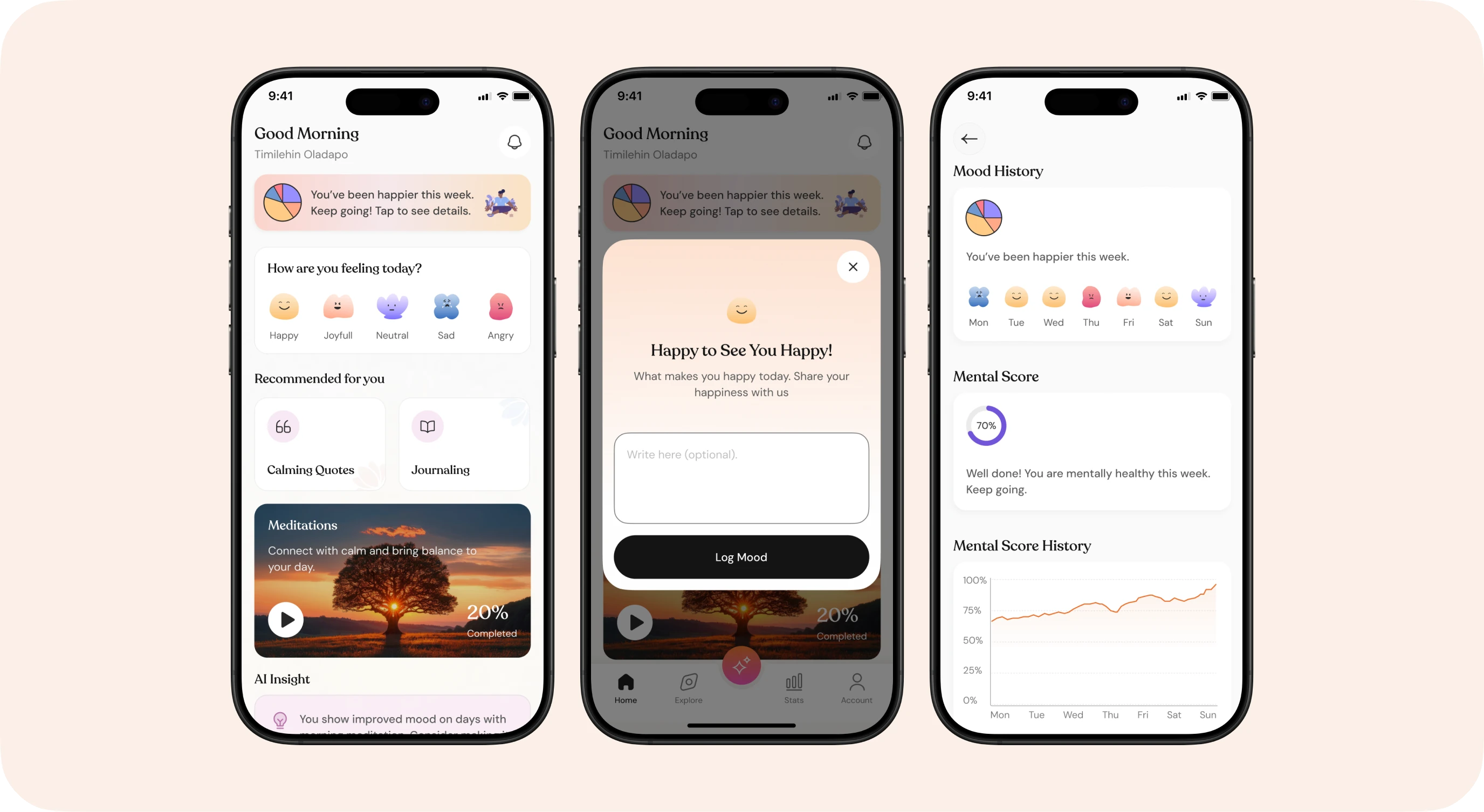 Home, mood logging pop-up and mood history screens