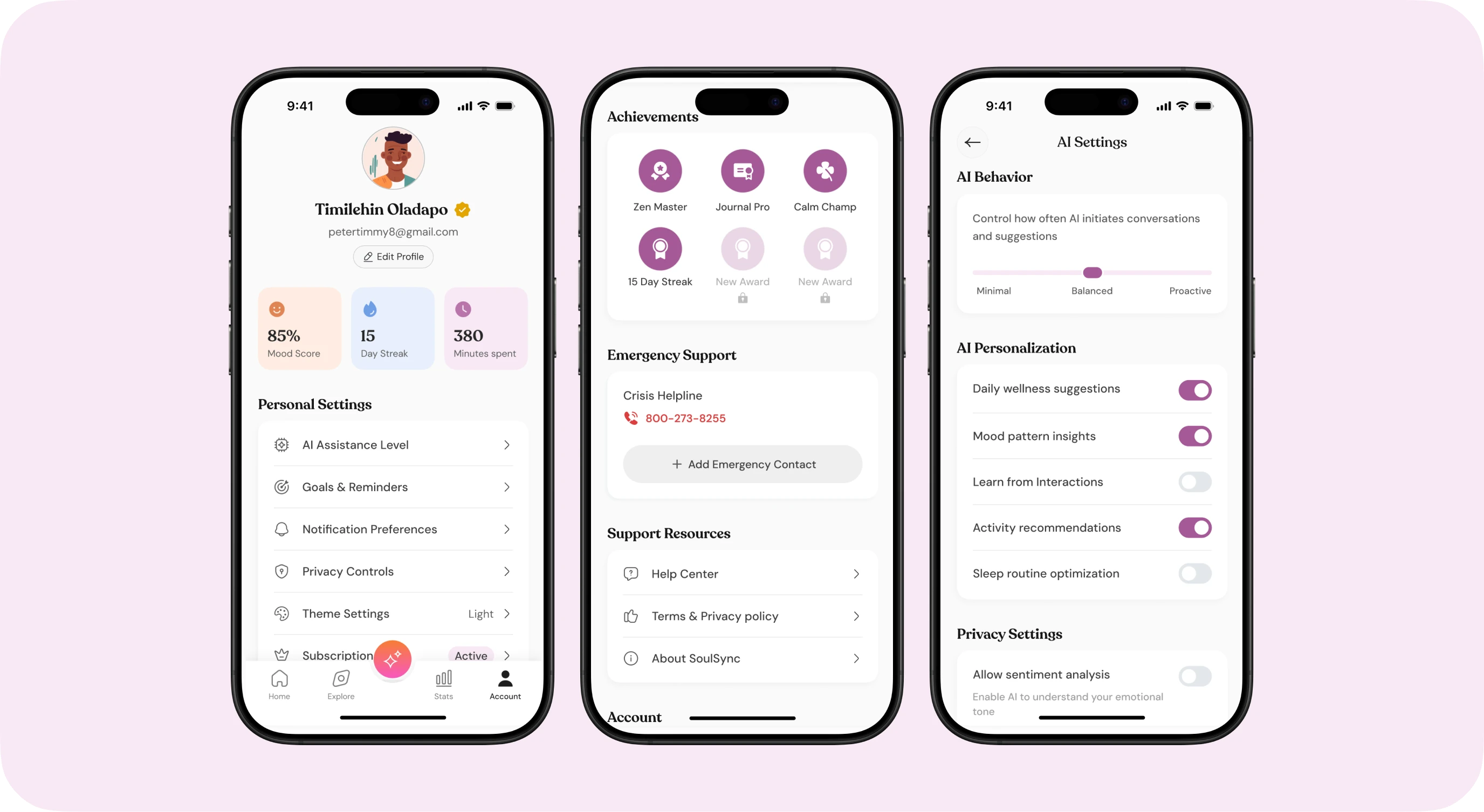 Account, achievements and AI settings screens