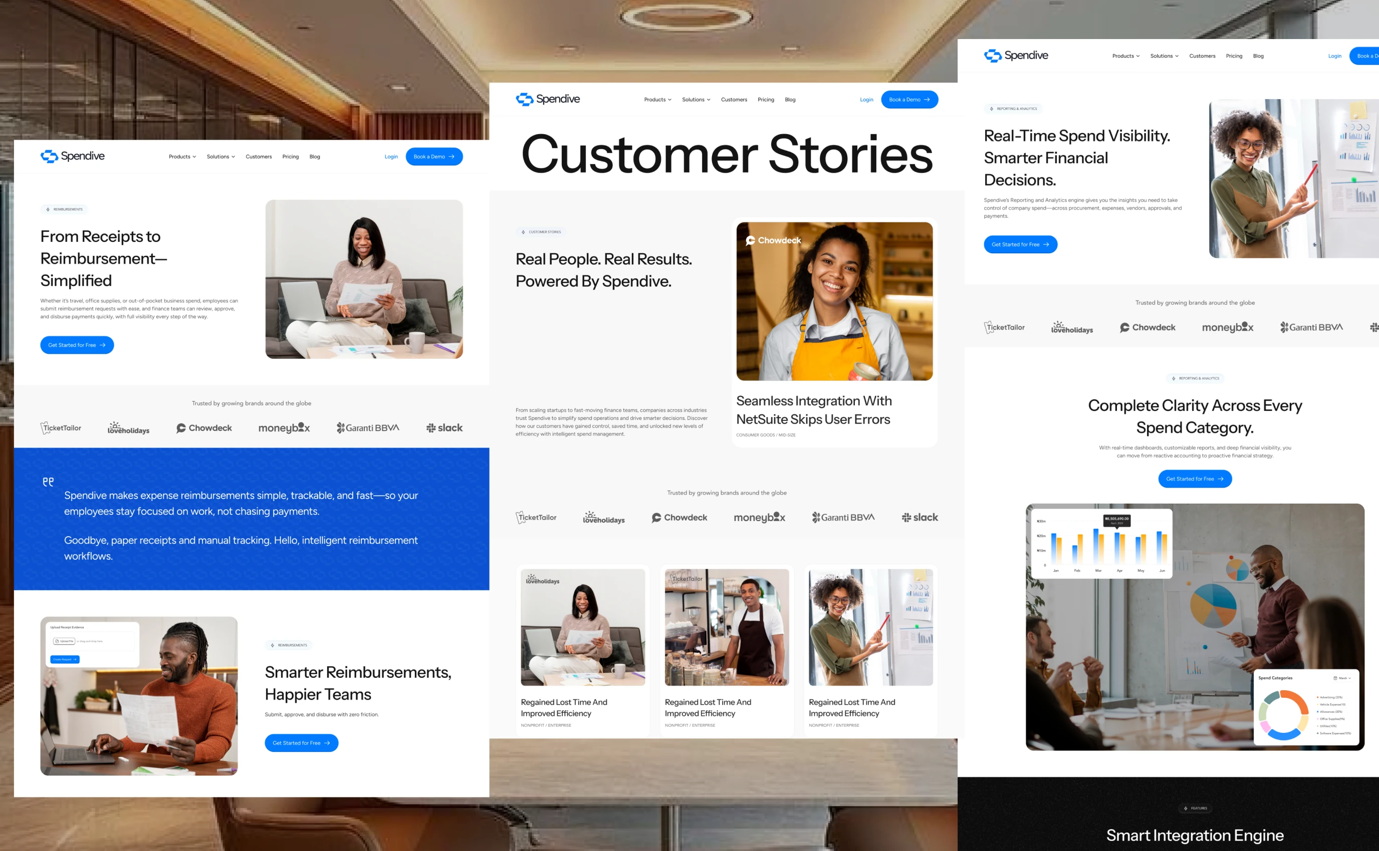 Spendive website: reimbursements, customer stories and reporting pages