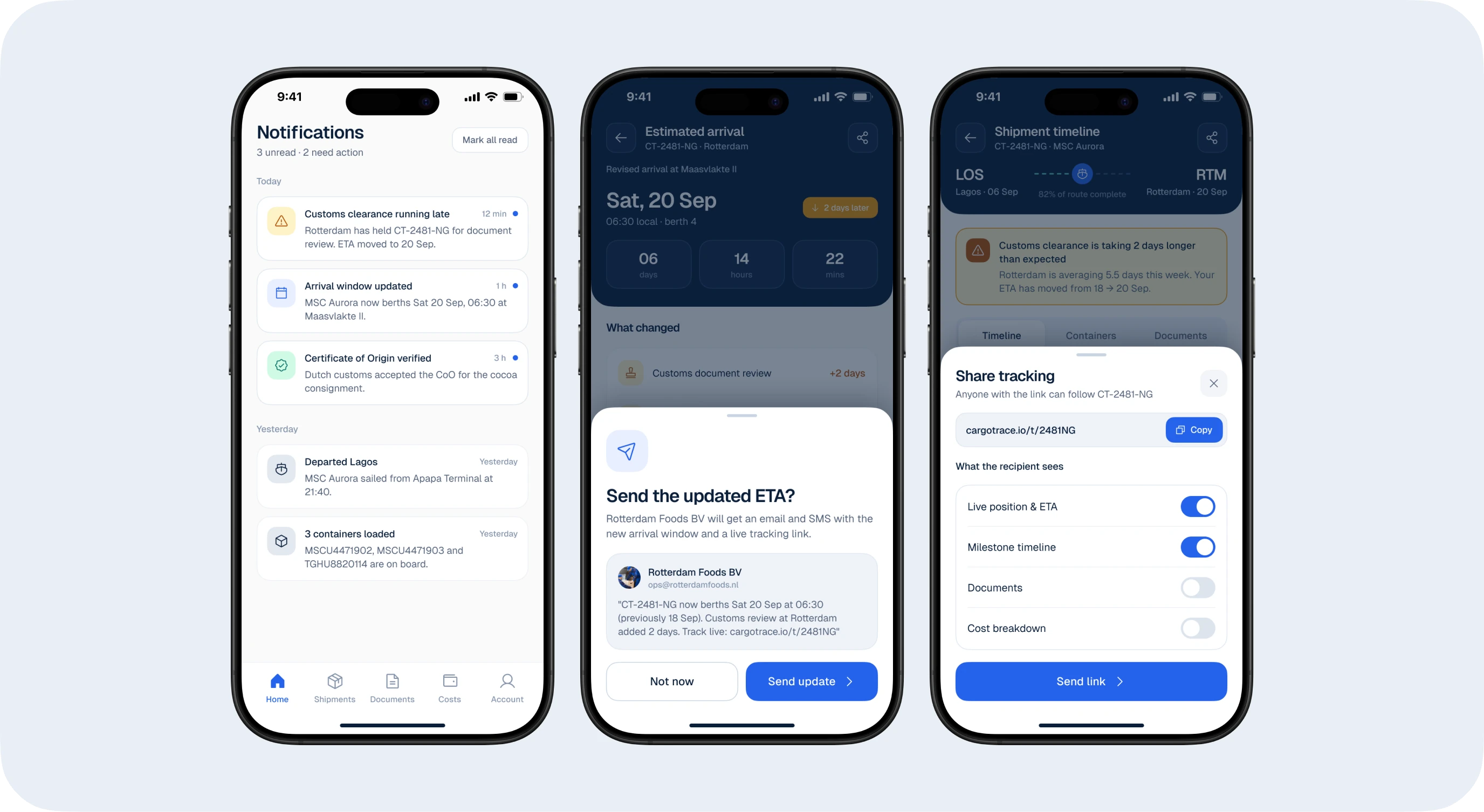 Notifications, ETA update and share tracking