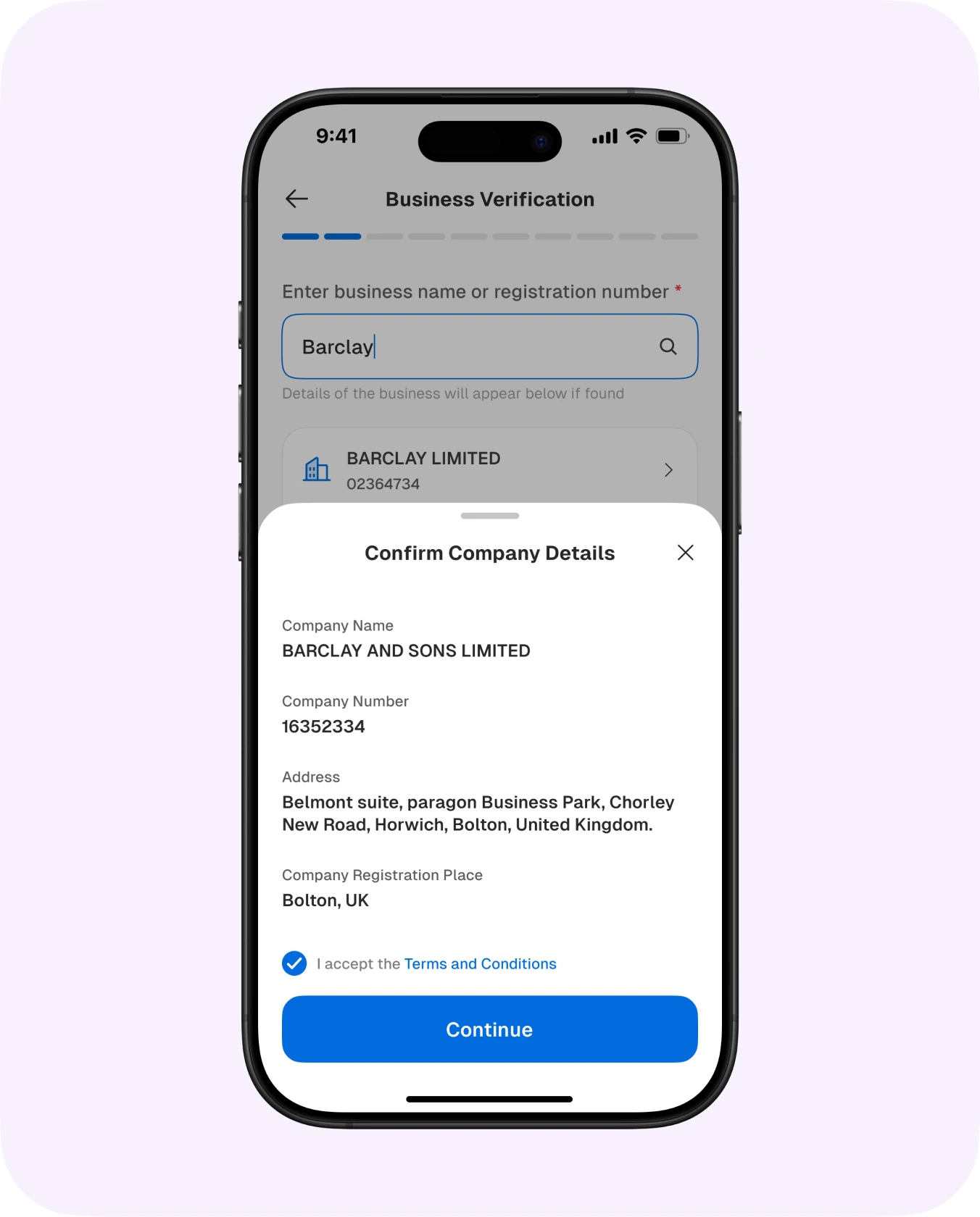 Business verification search and confirming company details (2 of 2)