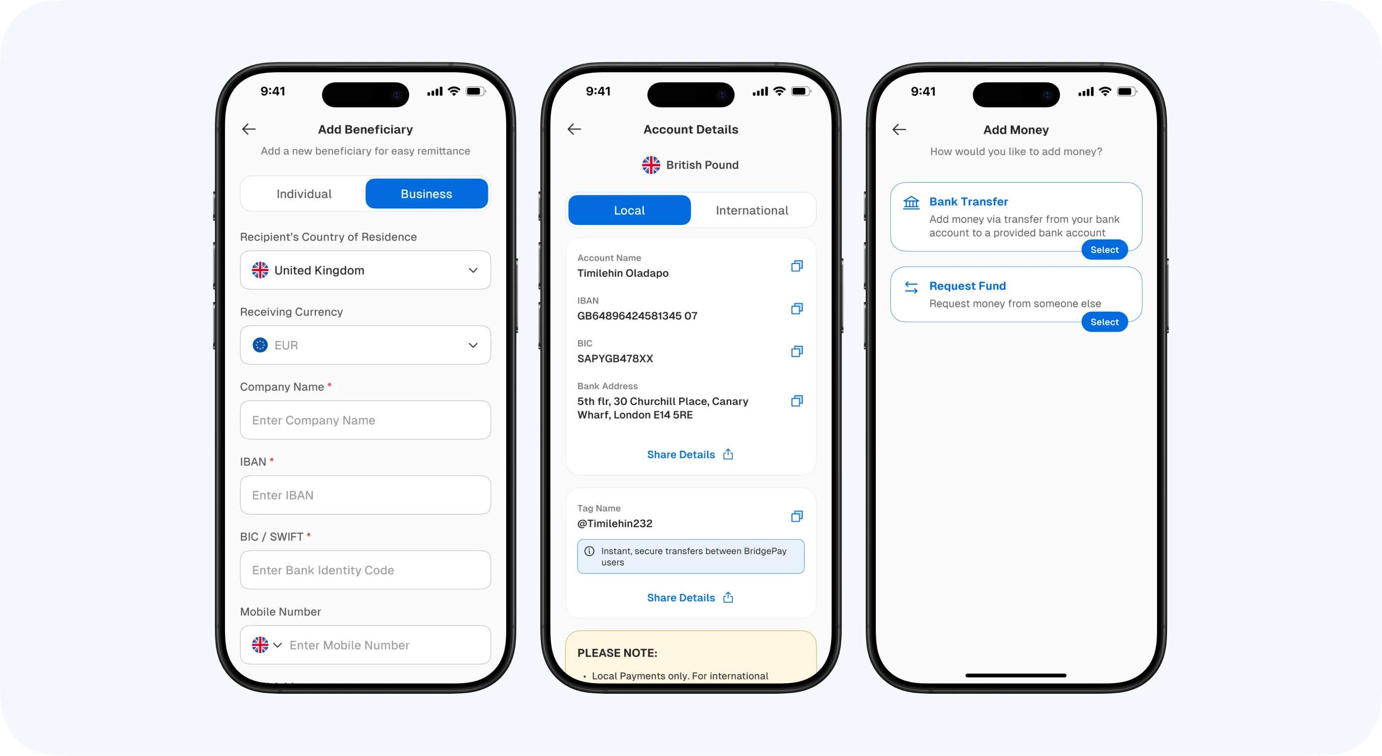 Add beneficiary, account details and add money