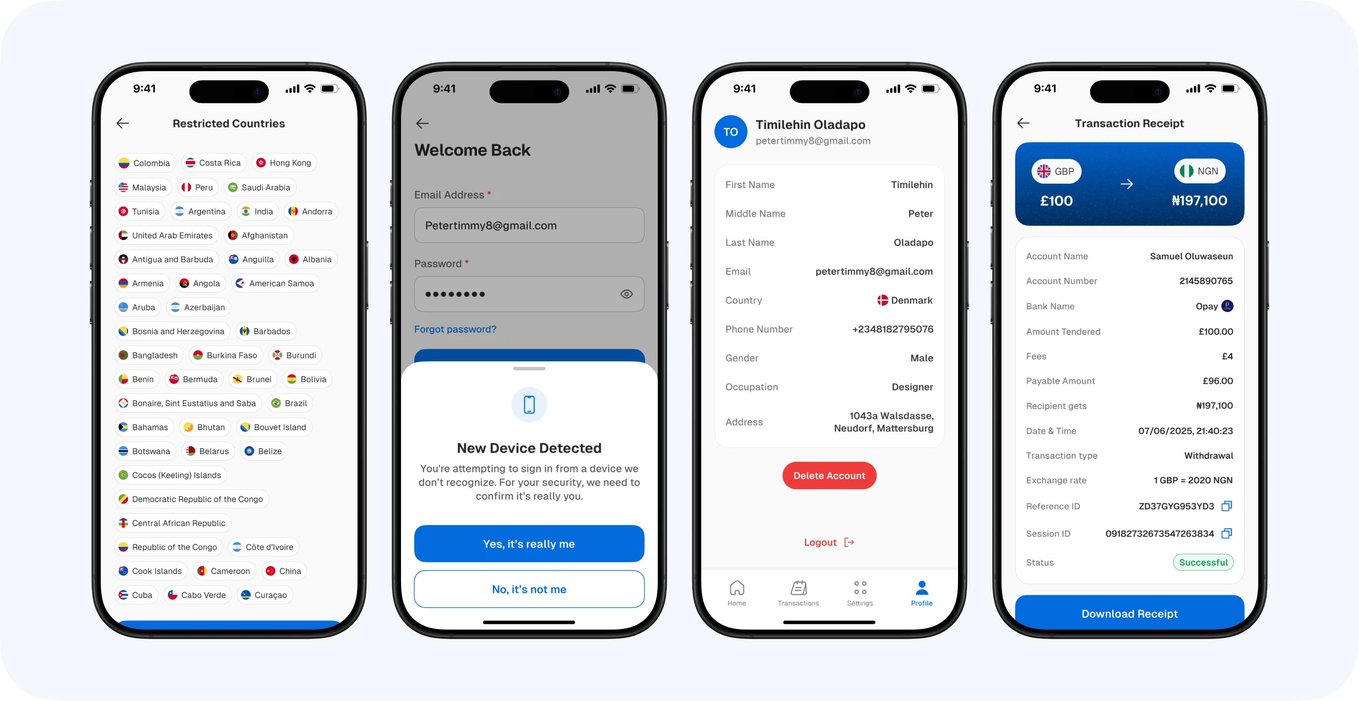 Restricted countries, receipts and profile
