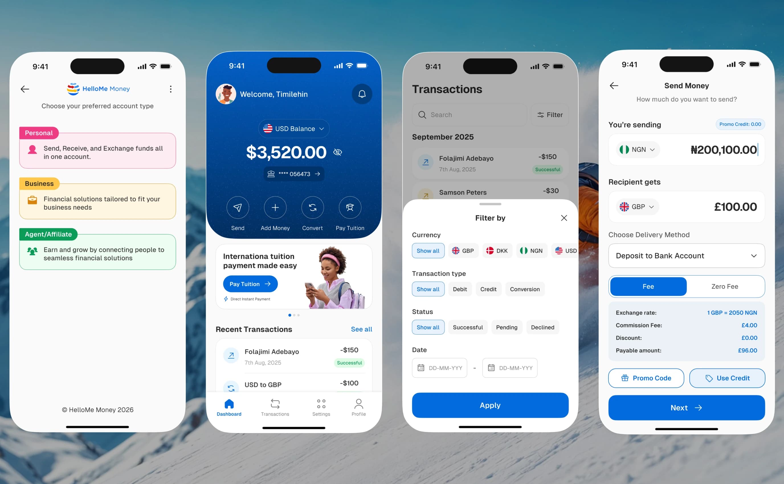 HelloMe Money app screens