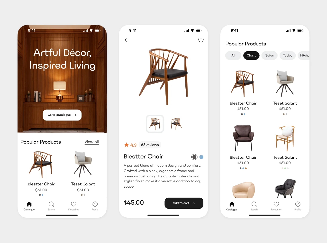 Furniture shop app: home, product and catalogue screens