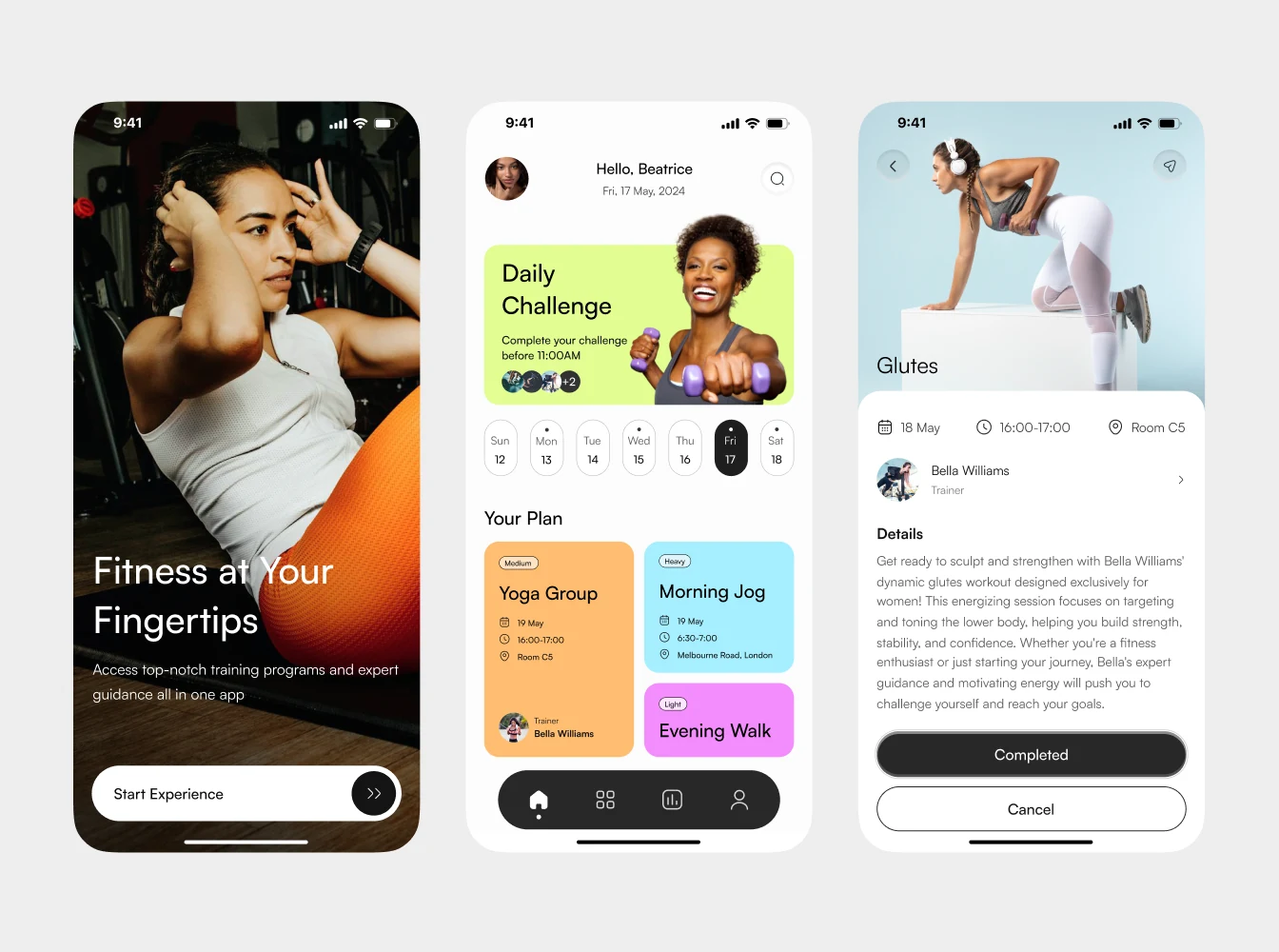 Fitness app: onboarding, daily challenge and workout screens