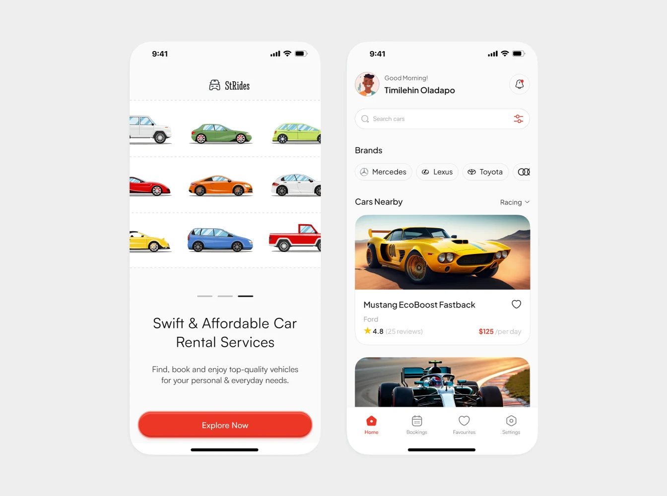 Car rental app: welcome and car listing screens