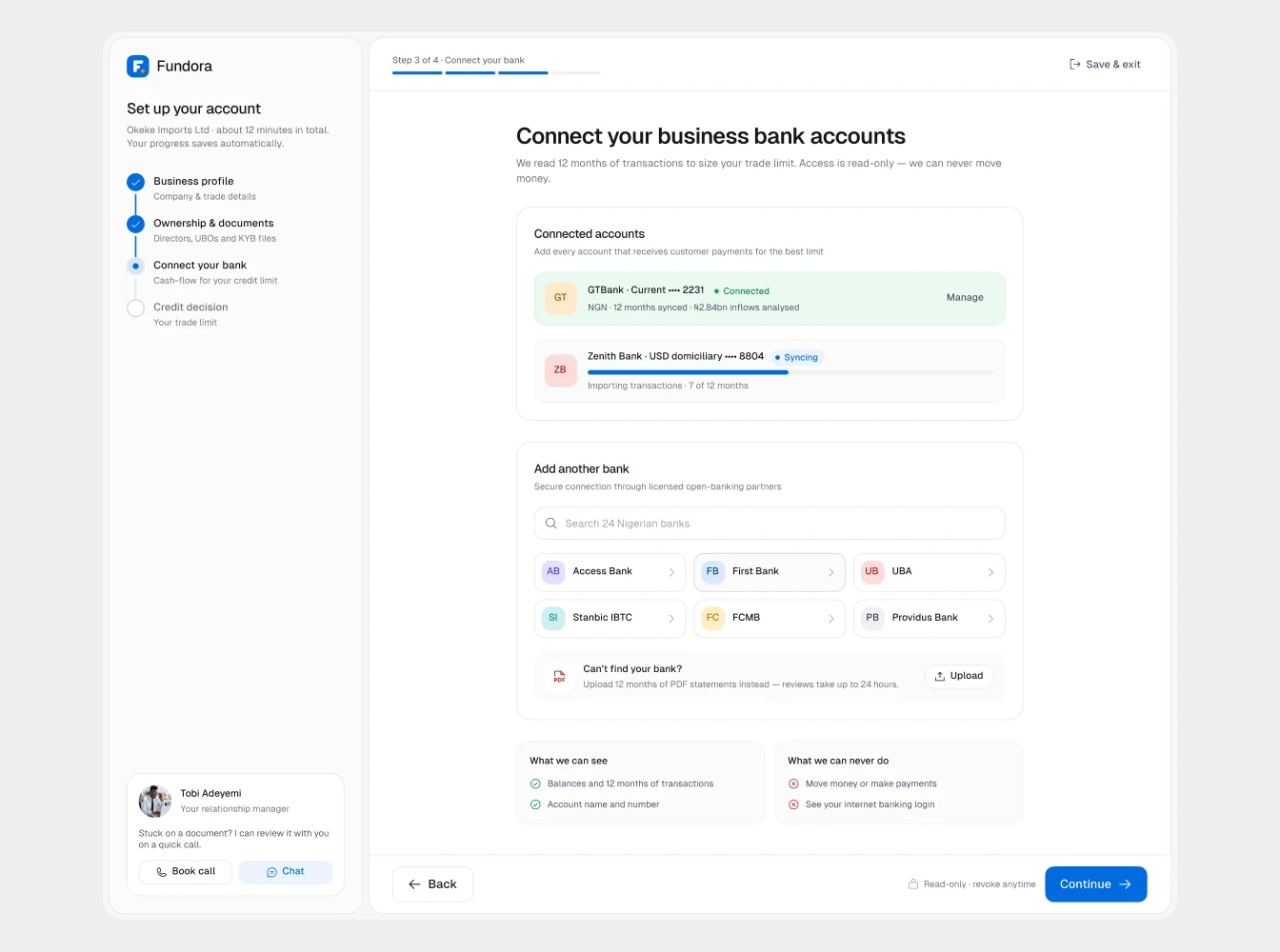 Web app onboarding: connect your business bank accounts