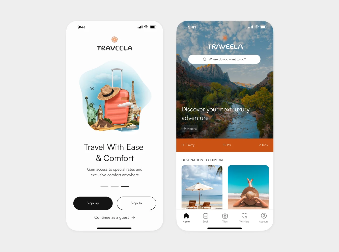 Travel app: welcome and destination screens