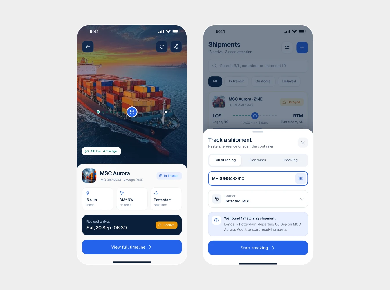 Shipment tracking app: vessel detail and shipments screens