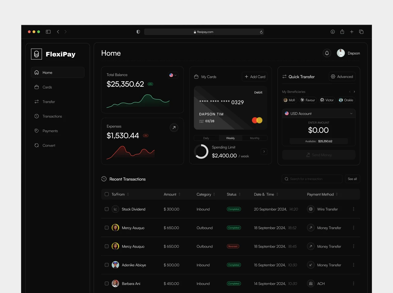 Dark fintech dashboard with balances and transactions