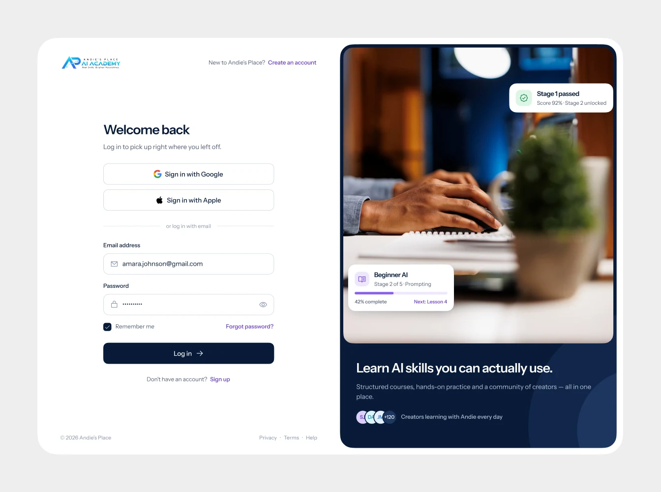 Learning platform sign-in screen