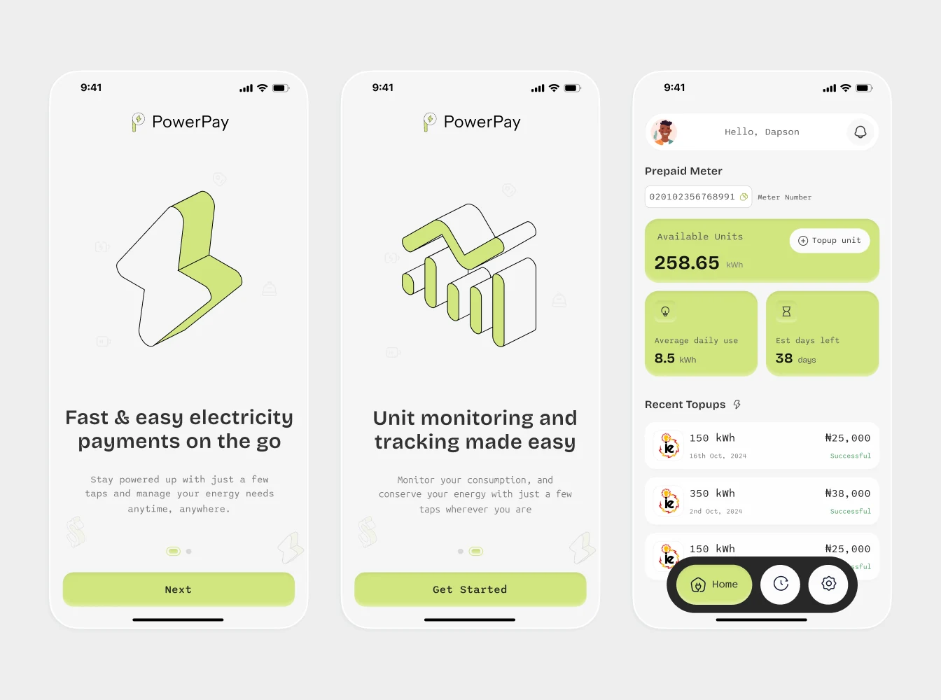 Electricity payments app: onboarding and usage screens