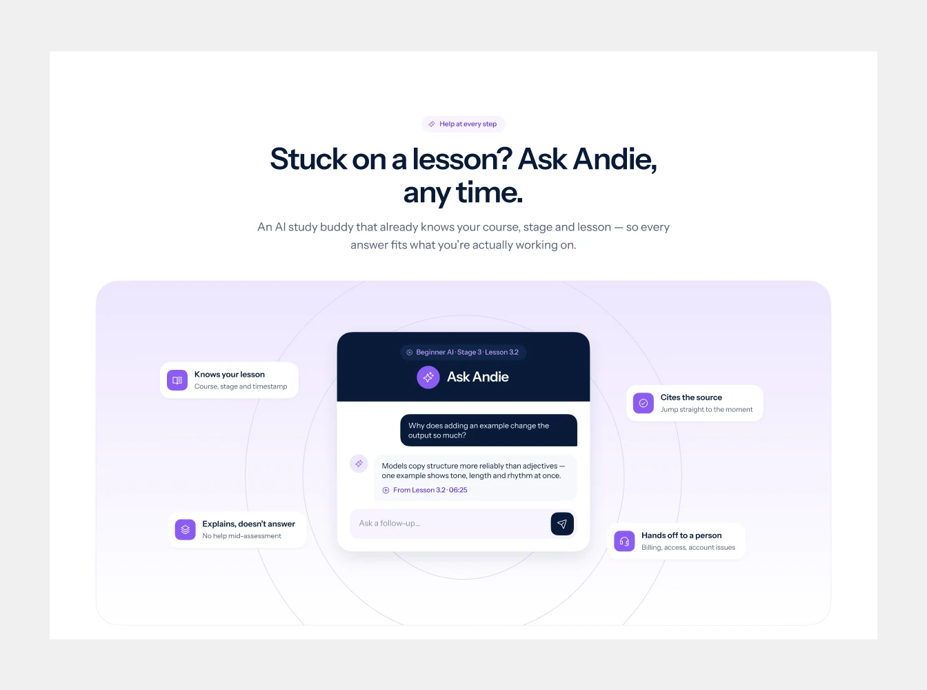 AI study assistant: “Stuck on a lesson? Ask Andie, any time.”